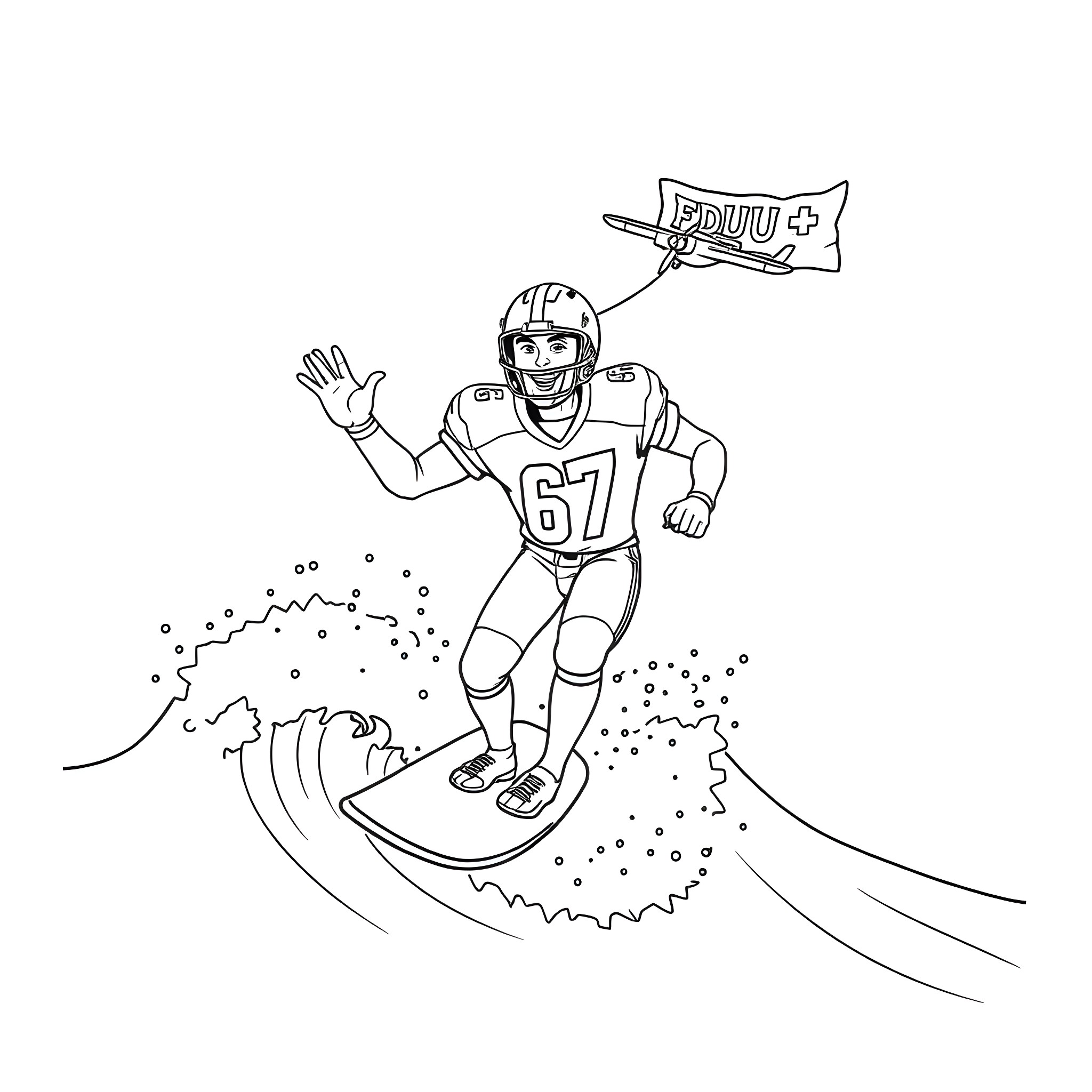 Football Player Riding on a Surfboard with a Flag Coloring Page (free black-and-white line drawing printable PDF for all, from beginners to advanced learners, including children, teens, adults, and seniors)