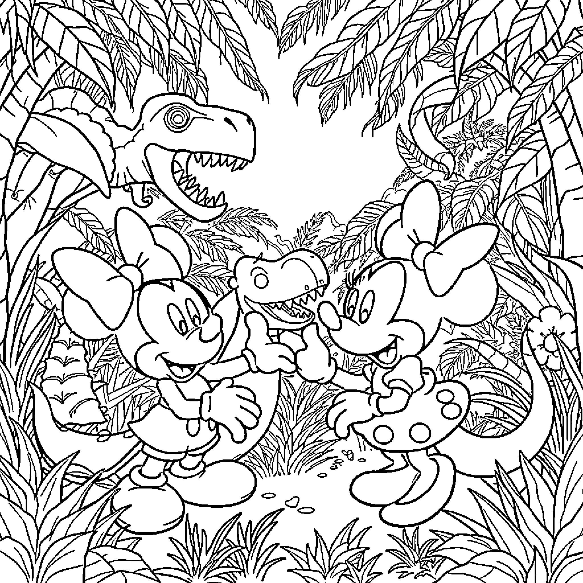 Mickey Mouse and Friends Exploring Tropical Jungle Coloring Page (free black-and-white line drawing printable PDF for all, from beginners to advanced learners, including children, teens, adults, and seniors)