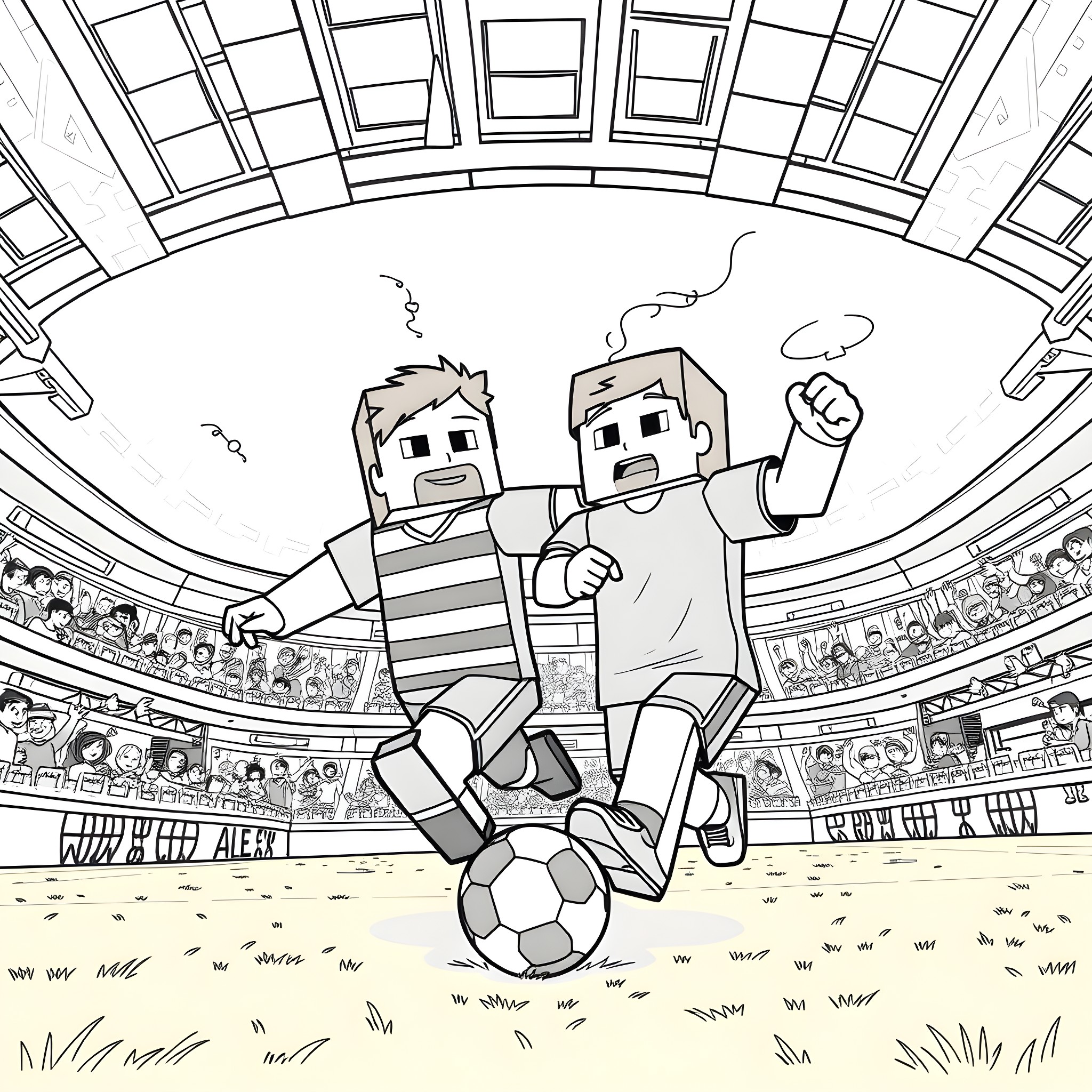 Minecraft Characters Playing Soccer in a Stadium Coloring Page (free black-and-white line drawing printable PDF for all, from beginners to advanced learners, including children, teens, adults, and seniors)
