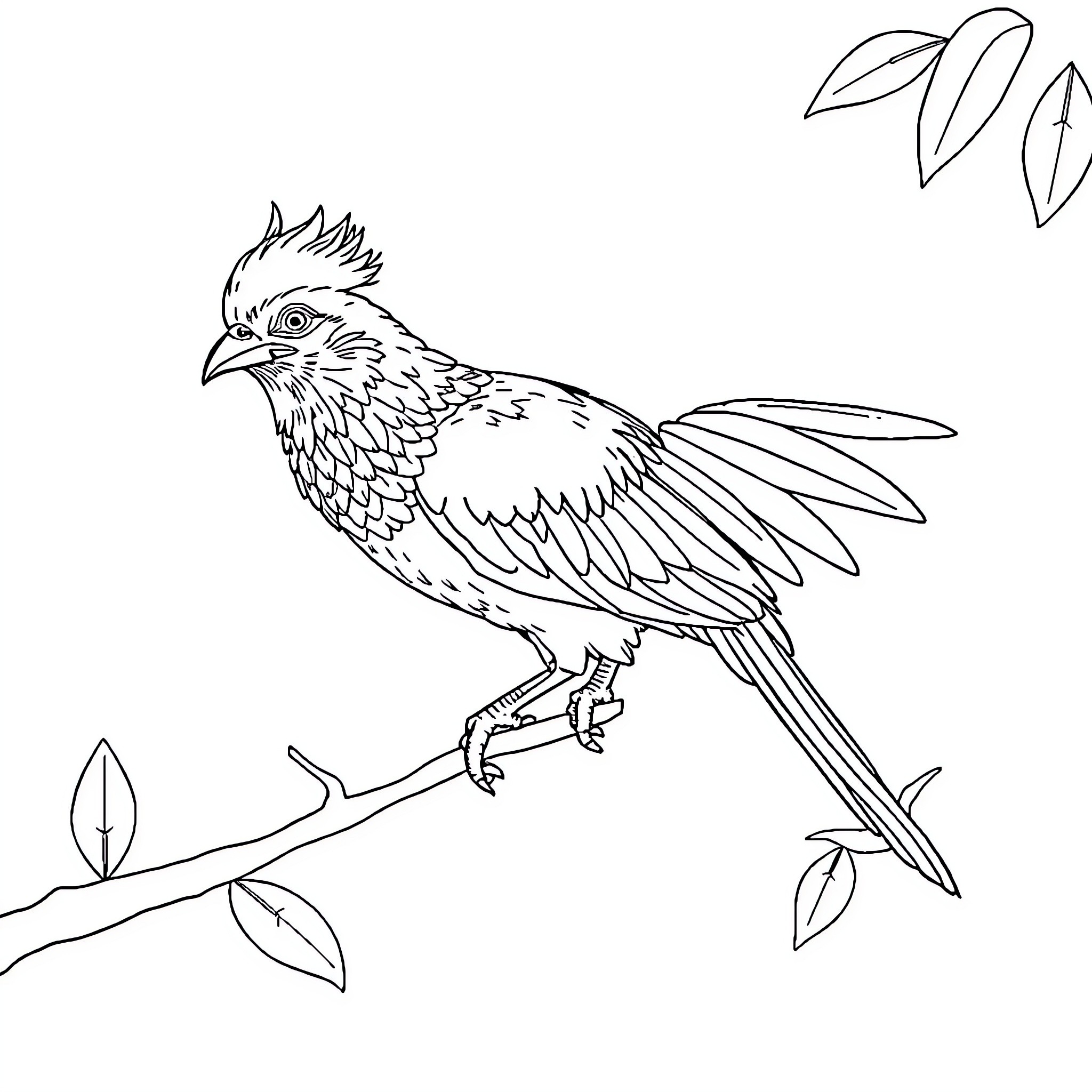 Chicken with detailed feathers perched on a branch Coloring Page (free black-and-white line drawing printable PDF for all, from beginners to advanced learners, including children, teens, adults, and seniors)