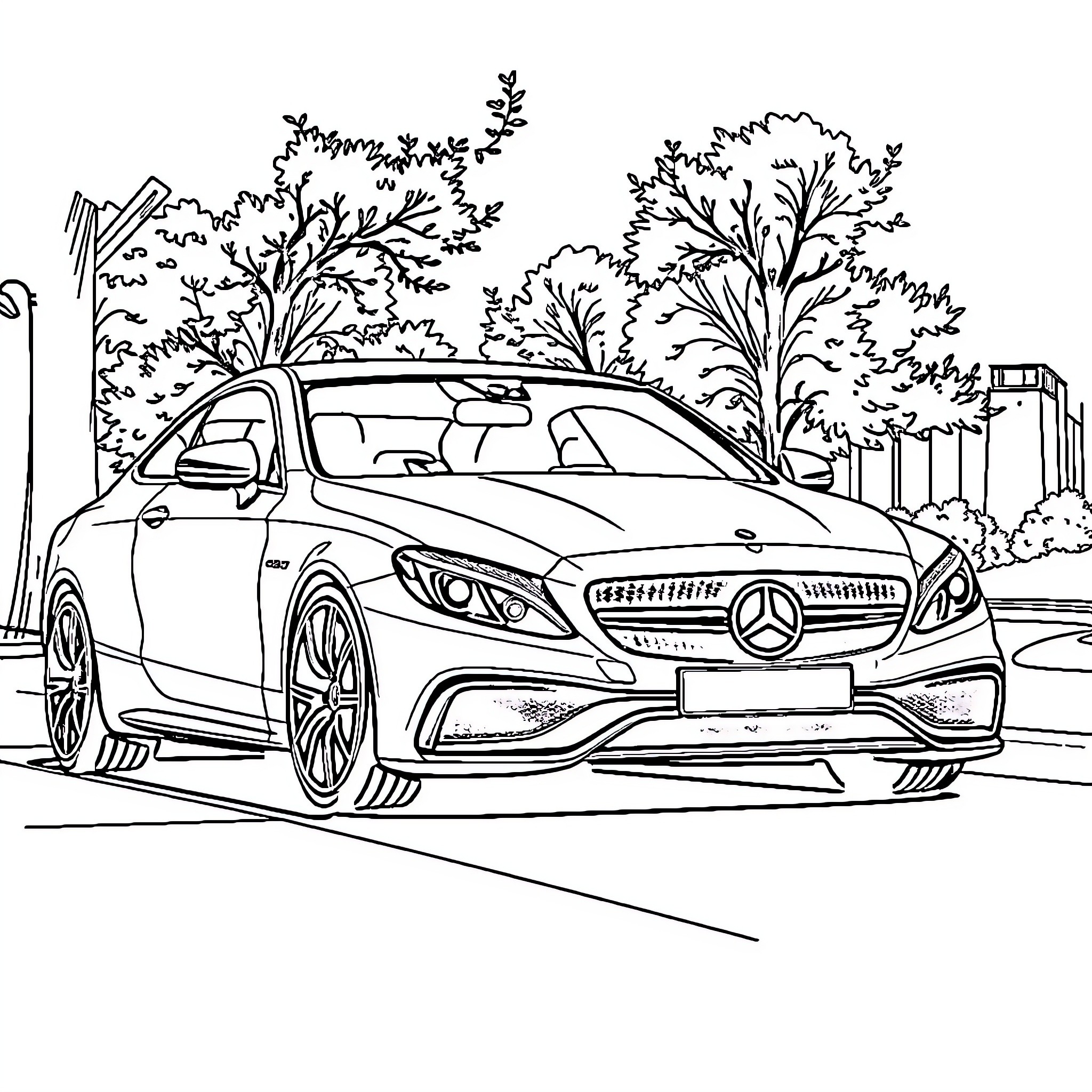 W204 C63 parked on the street Coloring Page (free black-and-white line drawing printable PDF for all, from beginners to advanced learners, including children, teens, adults, and seniors)