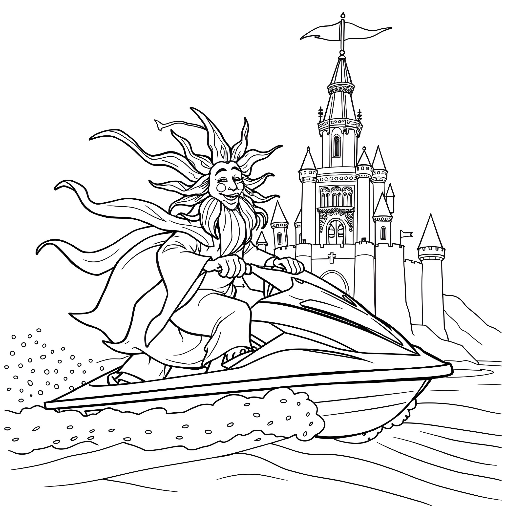 Sun Wizard surfing on a magical jet ski by a castle Coloring Page (free black-and-white line drawing printable PDF for all, from beginners to advanced learners, including children, teens, adults, and seniors)