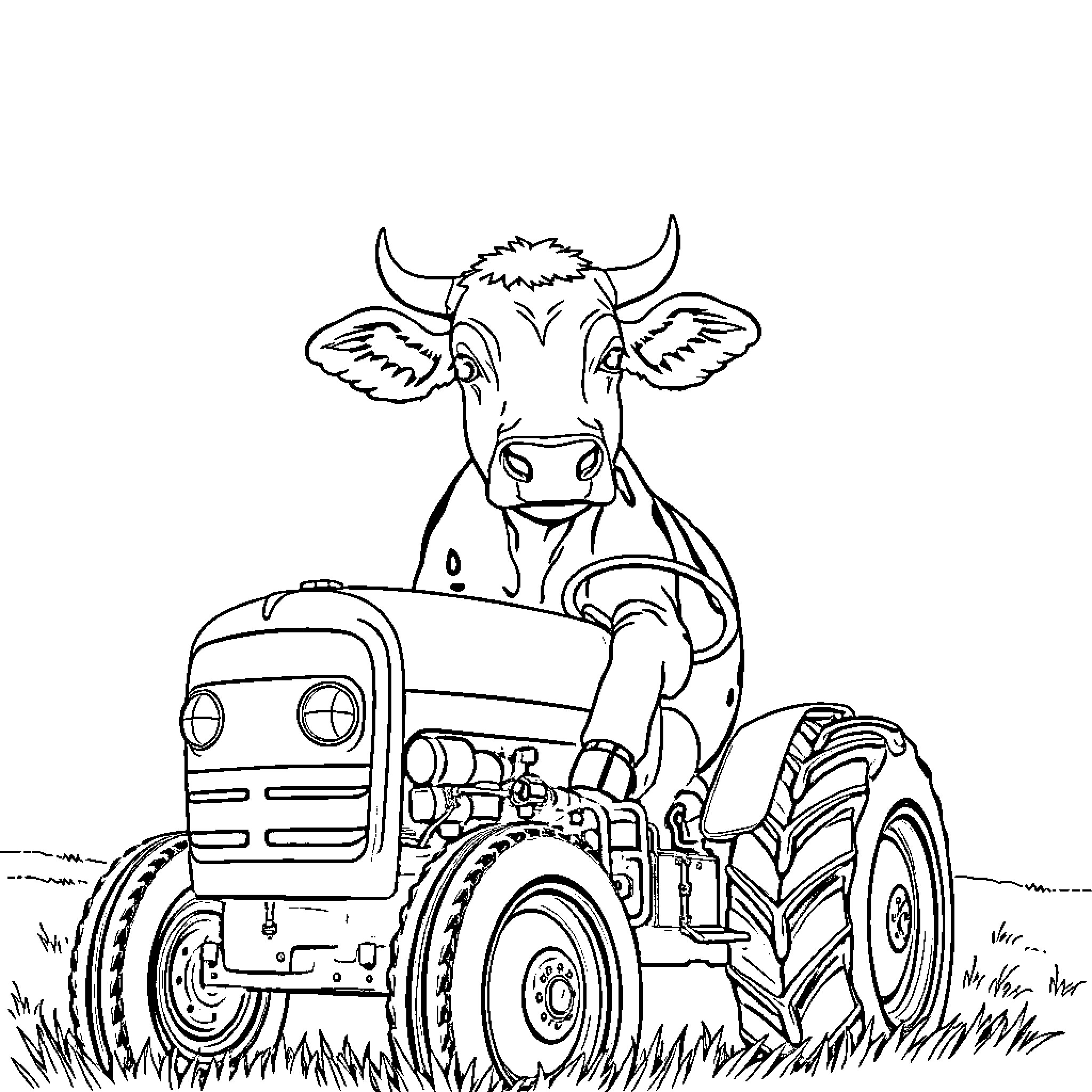 Cow driving a tractor in the field Coloring Page (free black-and-white line drawing printable PDF for all, from beginners to advanced learners, including children, teens, adults, and seniors)