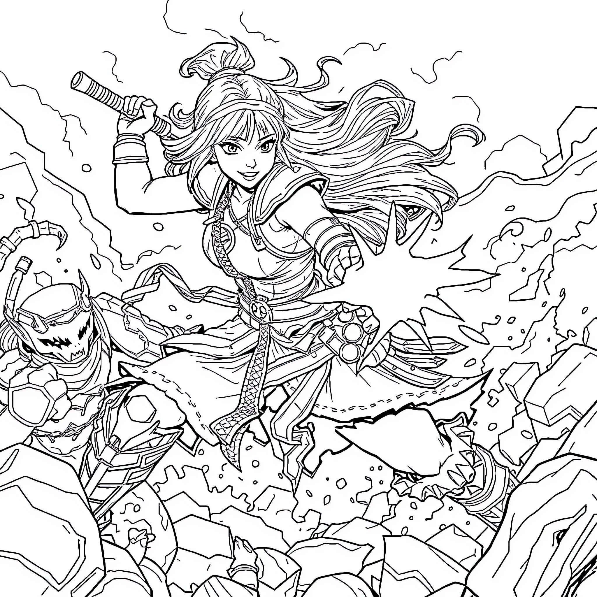 Mako the Adventurous Warrior in Battle Coloring Page (free black-and-white line drawing printable PDF for all, from beginners to advanced learners, including children, teens, adults, and seniors)