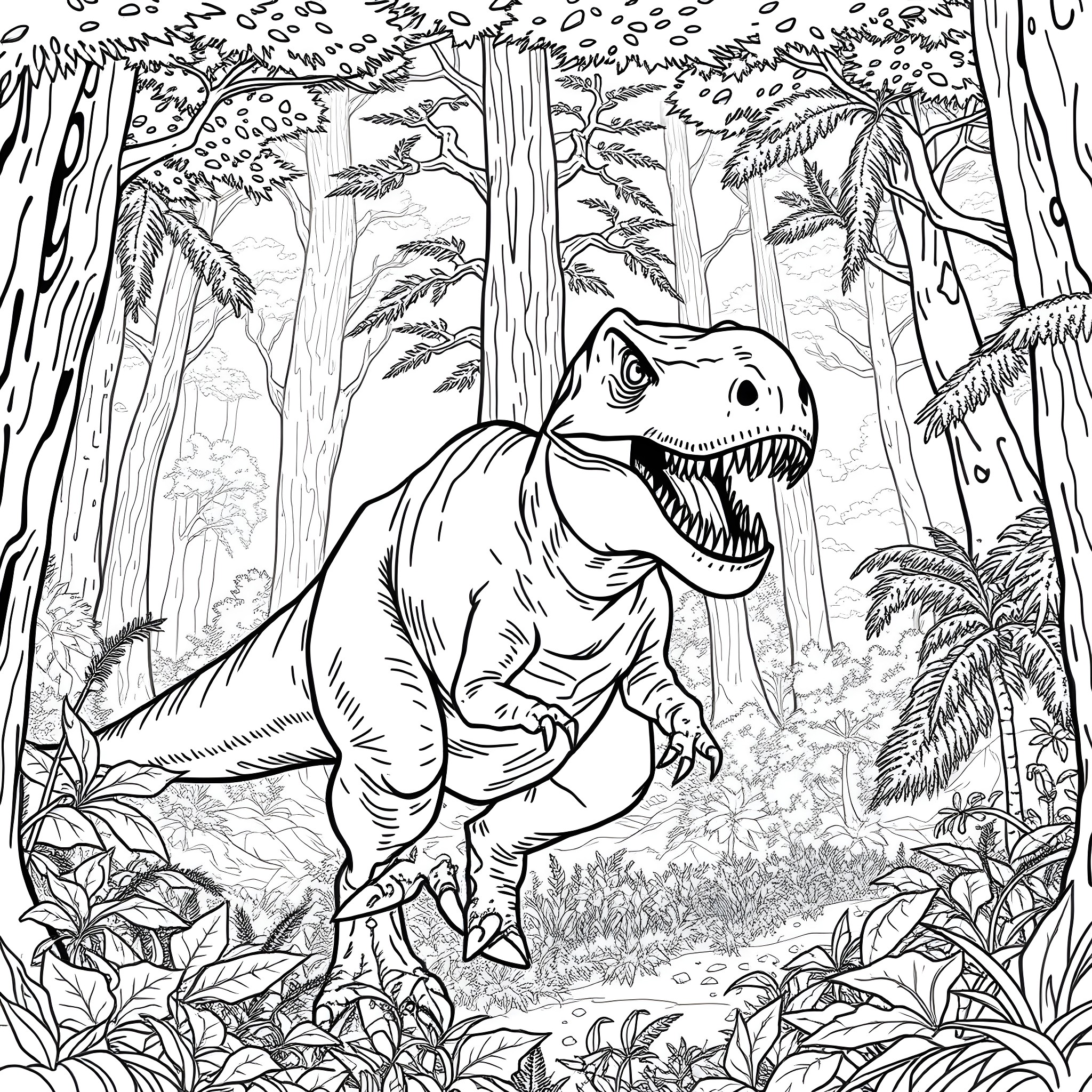 T-Rex Exploring the Prehistoric Jungle Coloring Page (free black-and-white line drawing printable PDF for all, from beginners to advanced learners, including children, teens, adults, and seniors)