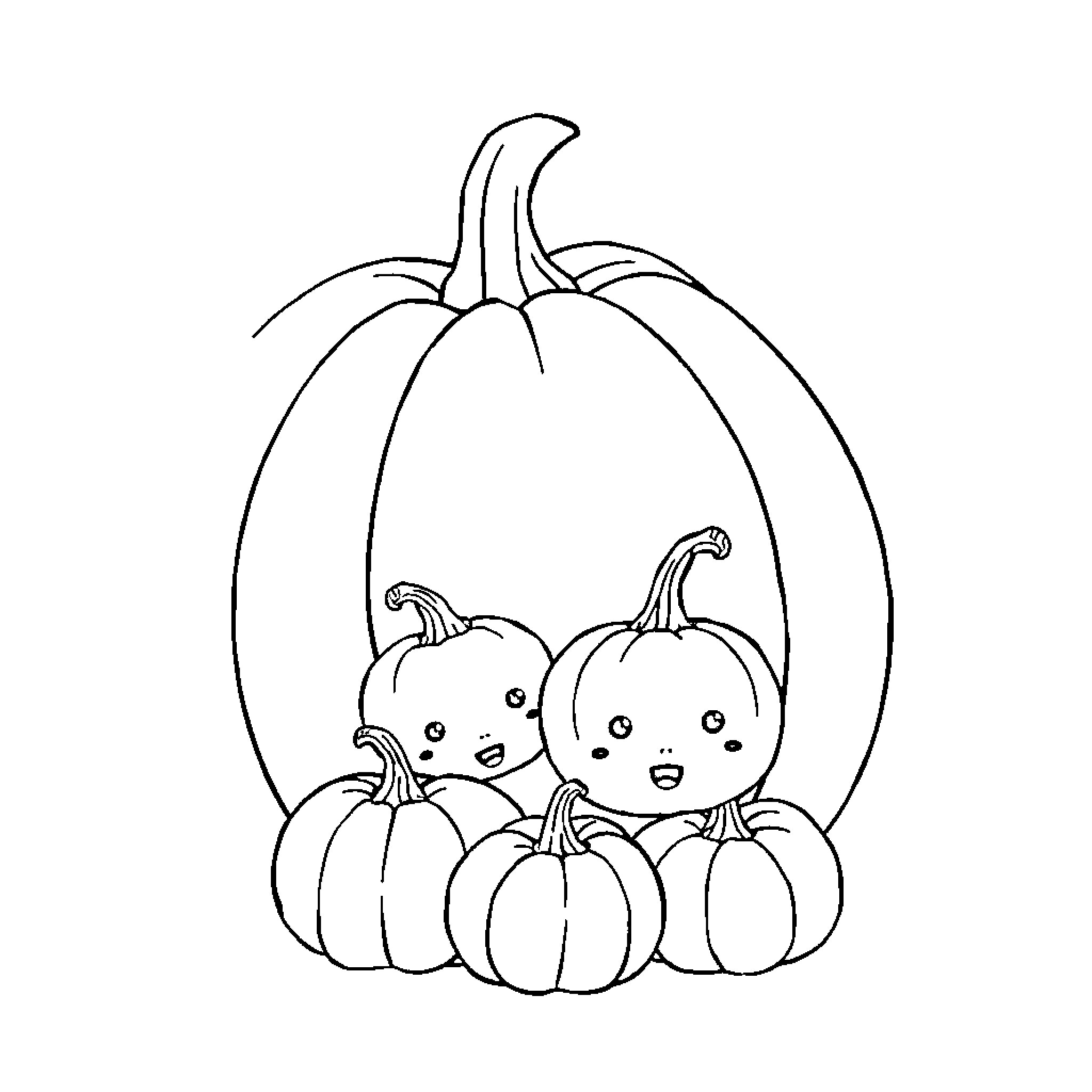 Pumpkins with Cute Expressions Coloring Page (free black-and-white line drawing printable PDF for all, from beginners to advanced learners, including children, teens, adults, and seniors)
