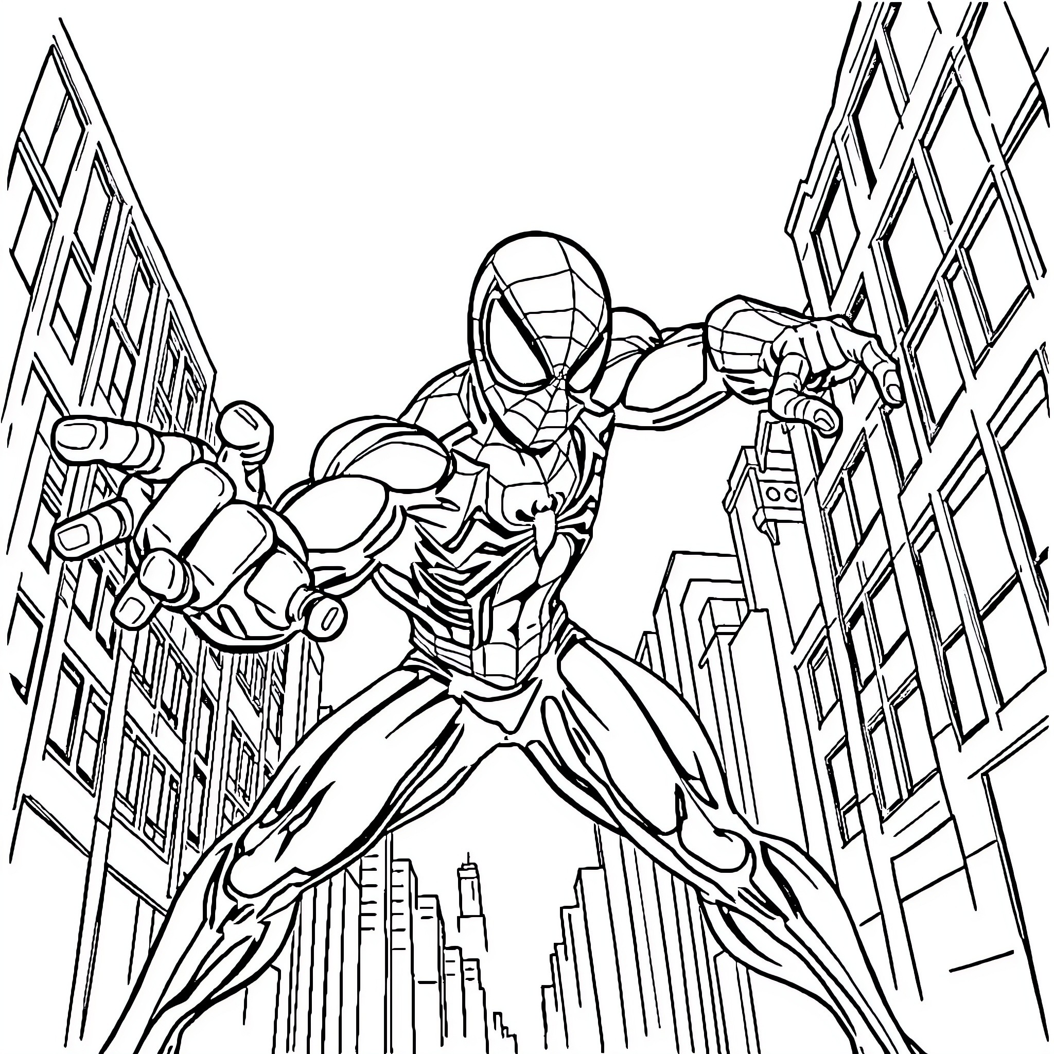 Spider-Man swinging through the city skyline Coloring Page (free black-and-white line drawing printable PDF for all, from beginners to advanced learners, including children, teens, adults, and seniors)