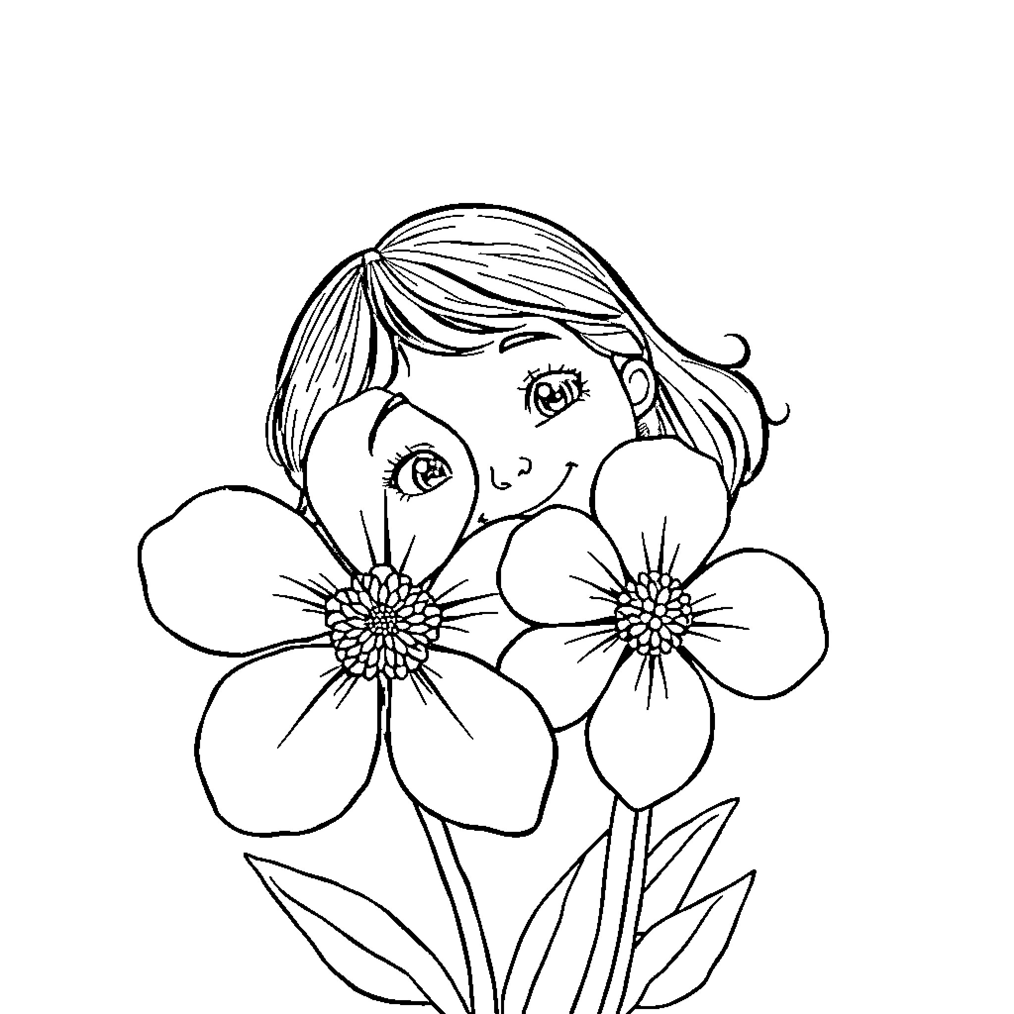 Girl hiding behind flowers with a bright smile Coloring Page (free black-and-white line drawing printable PDF for all, from beginners to advanced learners, including children, teens, adults, and seniors)