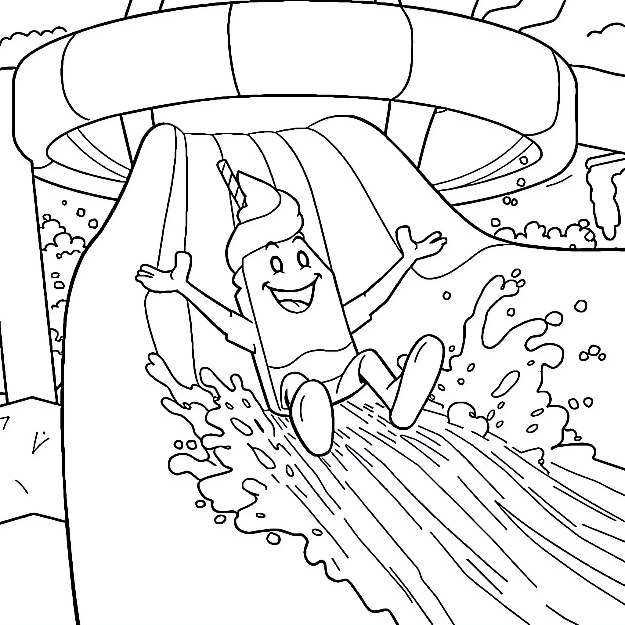 Ice Cream Man enjoying water slide ride Coloring Page (free black-and-white line drawing printable PDF for all, from beginners to advanced learners, including children, teens, adults, and seniors)