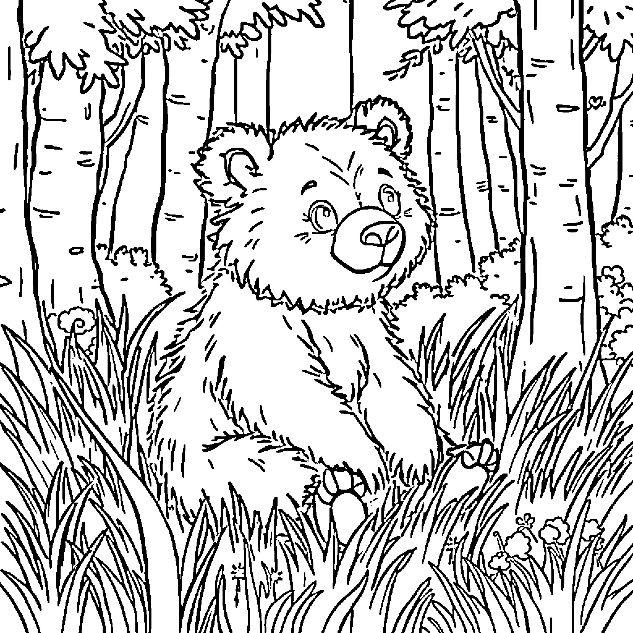 Bear peeking out from the forest Coloring Page (free black-and-white line drawing printable PDF for all, from beginners to advanced learners, including children, teens, adults, and seniors)