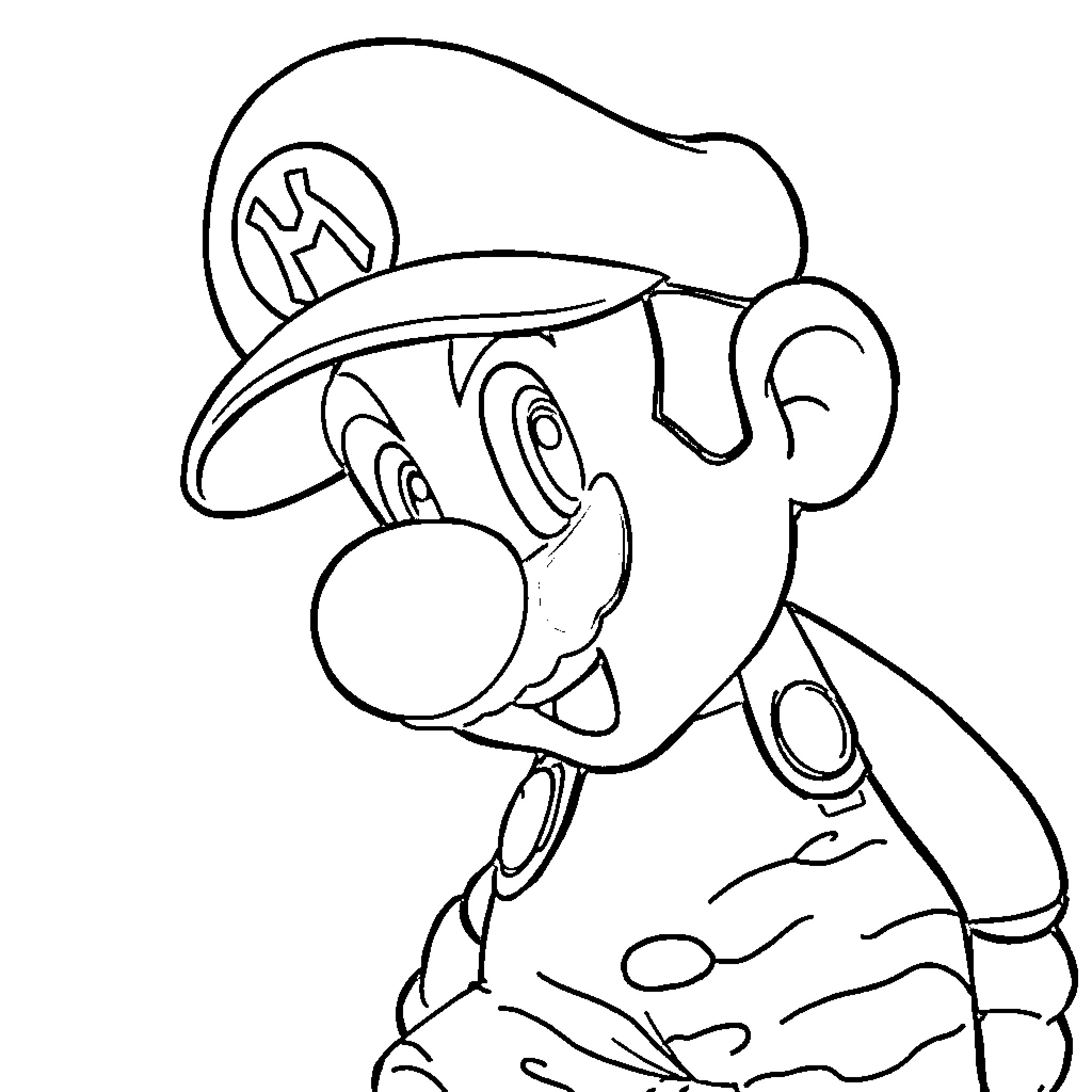 Mario in his iconic outfit and expression Coloring Page (free black-and-white line drawing printable PDF for all, from beginners to advanced learners, including children, teens, adults, and seniors)