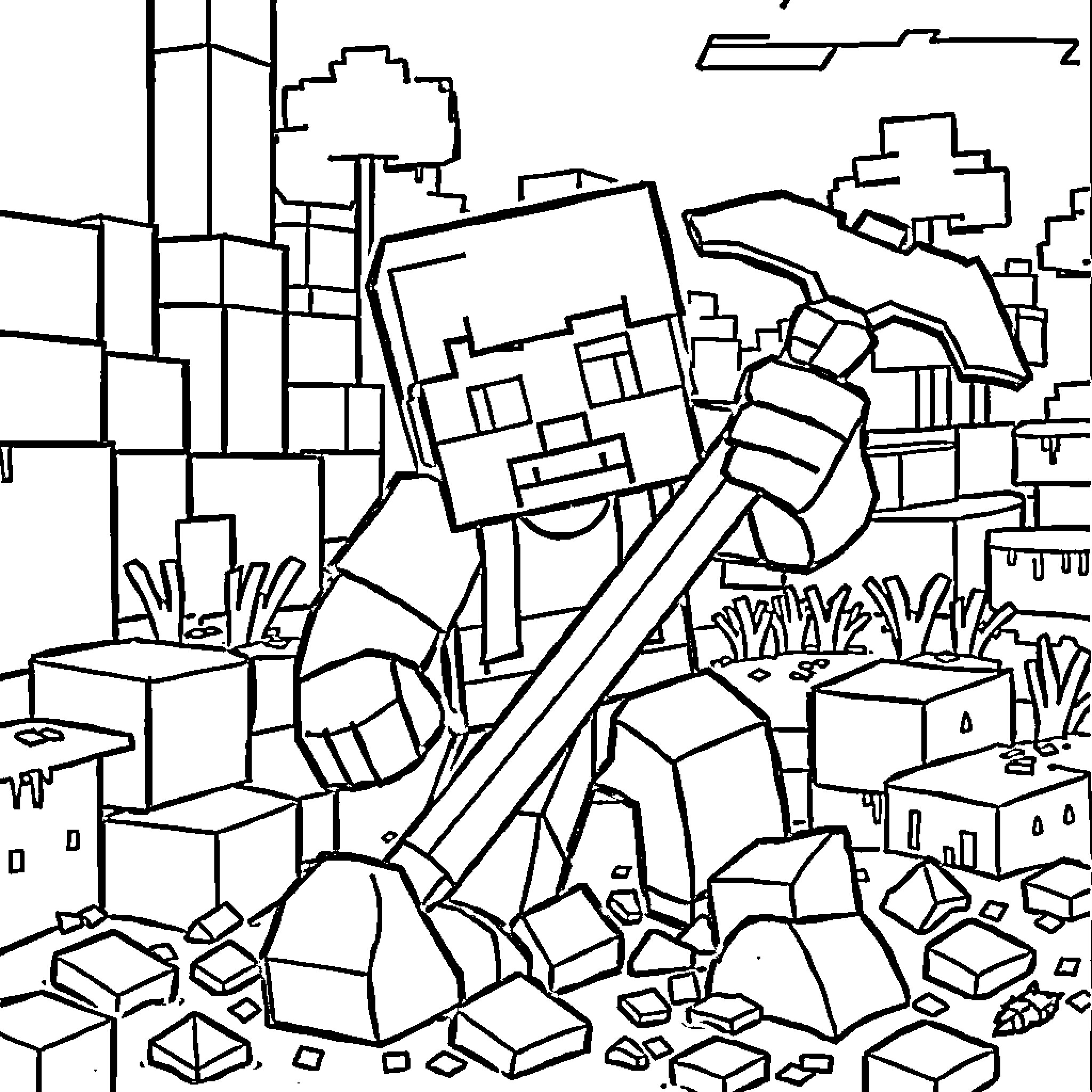 Steve Exploring the Minecraft Landscape Coloring Page (free black-and-white line drawing printable PDF for all, from beginners to advanced learners, including children, teens, adults, and seniors)