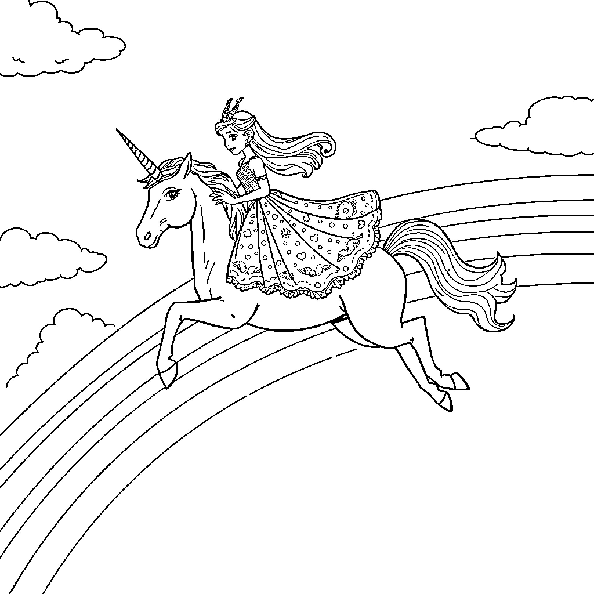 Princess riding unicorn through enchanted landscape Coloring Page (free black-and-white line drawing printable PDF for all, from beginners to advanced learners, including children, teens, adults, and seniors)