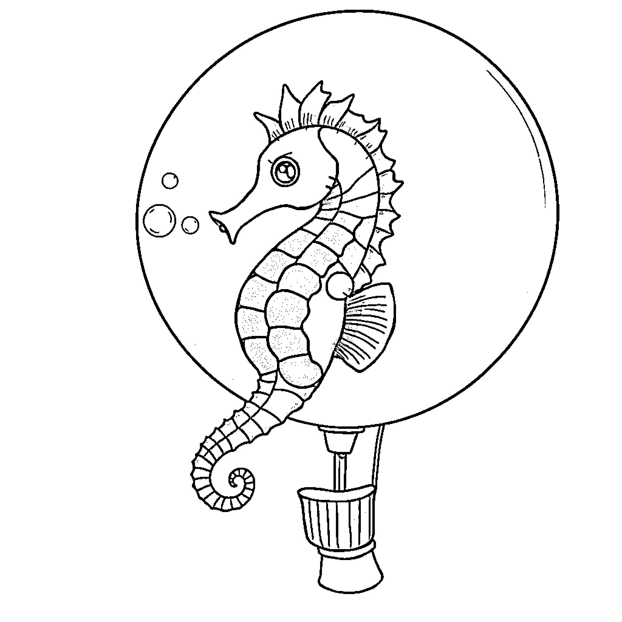 Seahorse swimming in a bubble Coloring Page (free black-and-white line drawing printable PDF for all, from beginners to advanced learners, including children, teens, adults, and seniors)