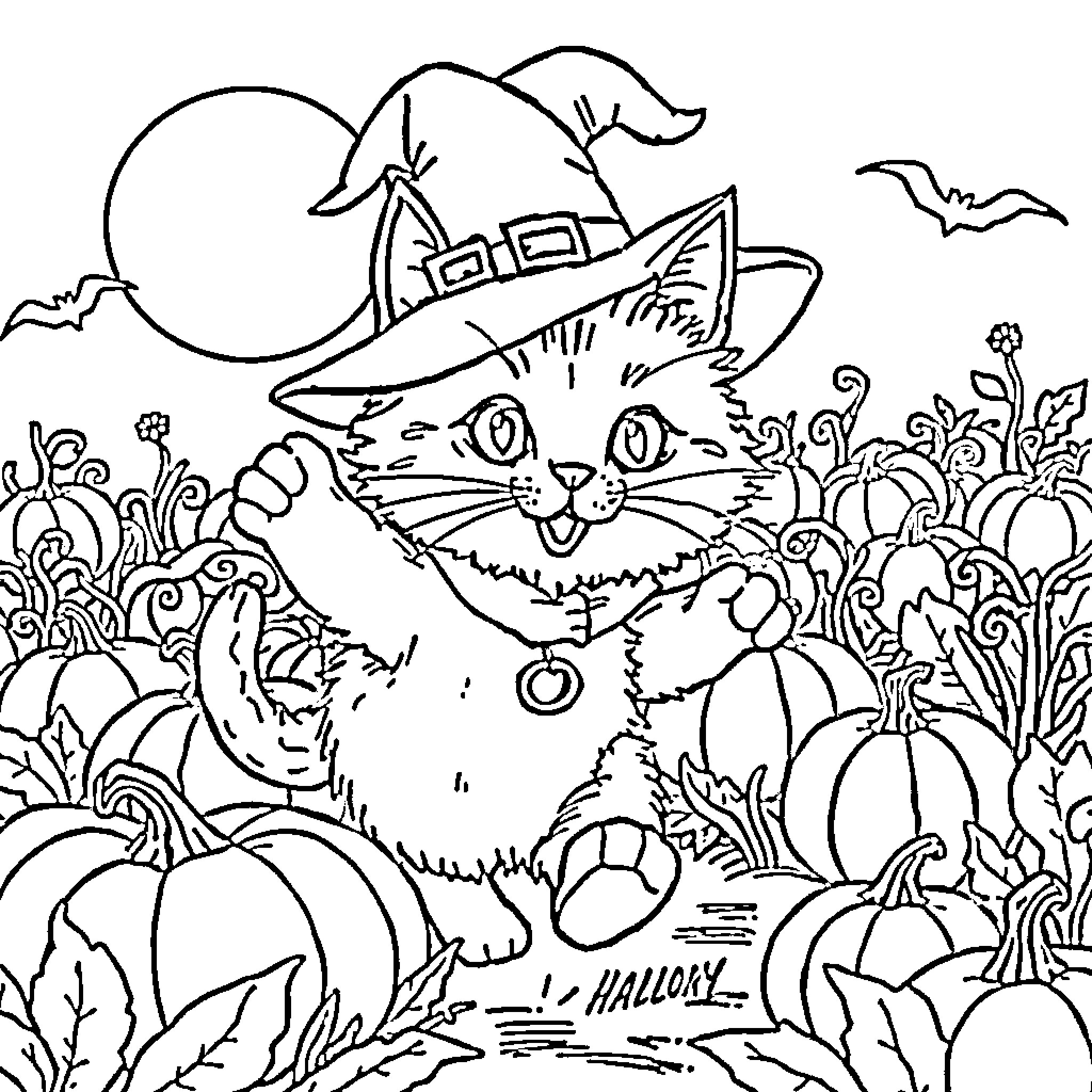Cat in Halloween costume in spooky pumpkin patch Coloring Page (free black-and-white line drawing printable PDF for all, from beginners to advanced learners, including children, teens, adults, and seniors)
