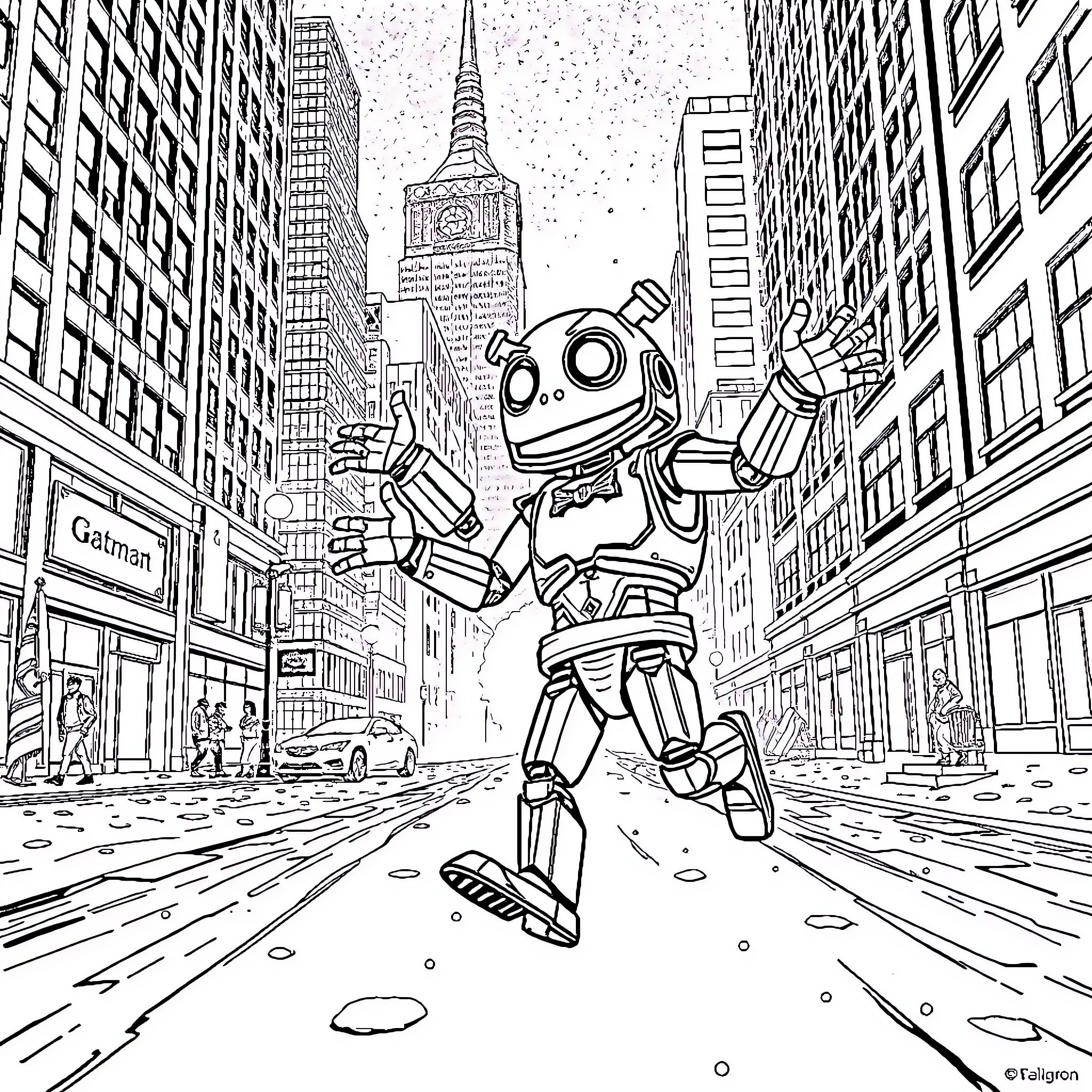 Claptrap exploring the bustling city streets Coloring Page (free black-and-white line drawing printable PDF for all, from beginners to advanced learners, including children, teens, adults, and seniors)