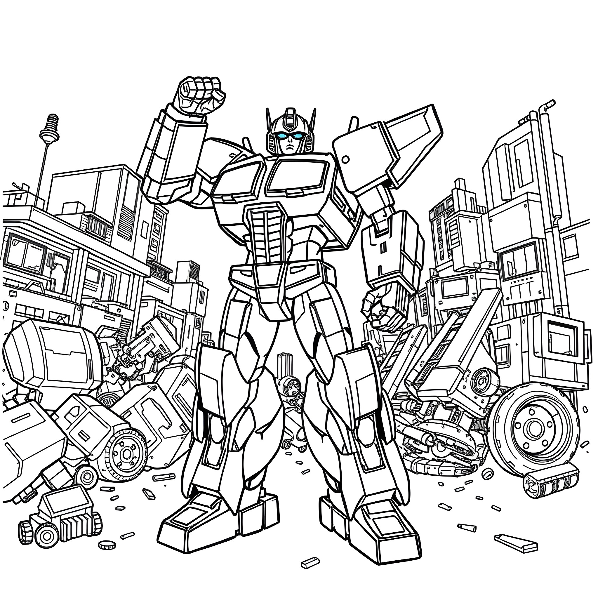 Bumblebee protecting city from Decepticon attack Coloring Page (free black-and-white line drawing printable PDF for all, from beginners to advanced learners, including children, teens, adults, and seniors)