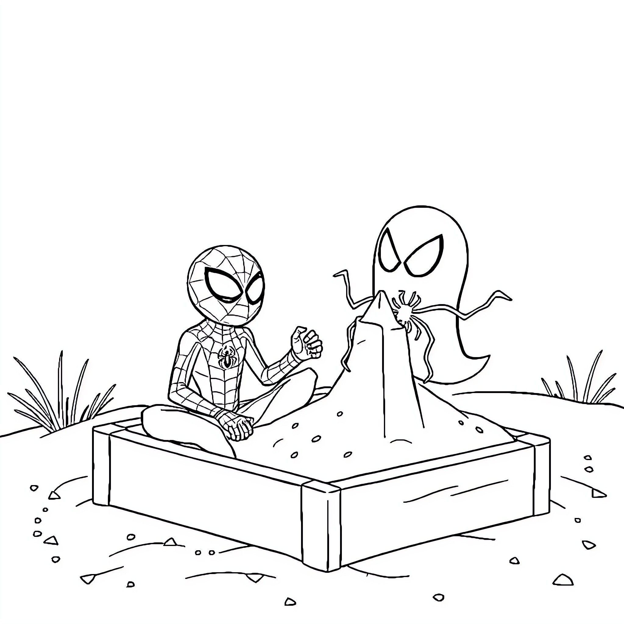 Spidey and Venom in a playful encounter Coloring Page (free black-and-white line drawing printable PDF for all, from beginners to advanced learners, including children, teens, adults, and seniors)