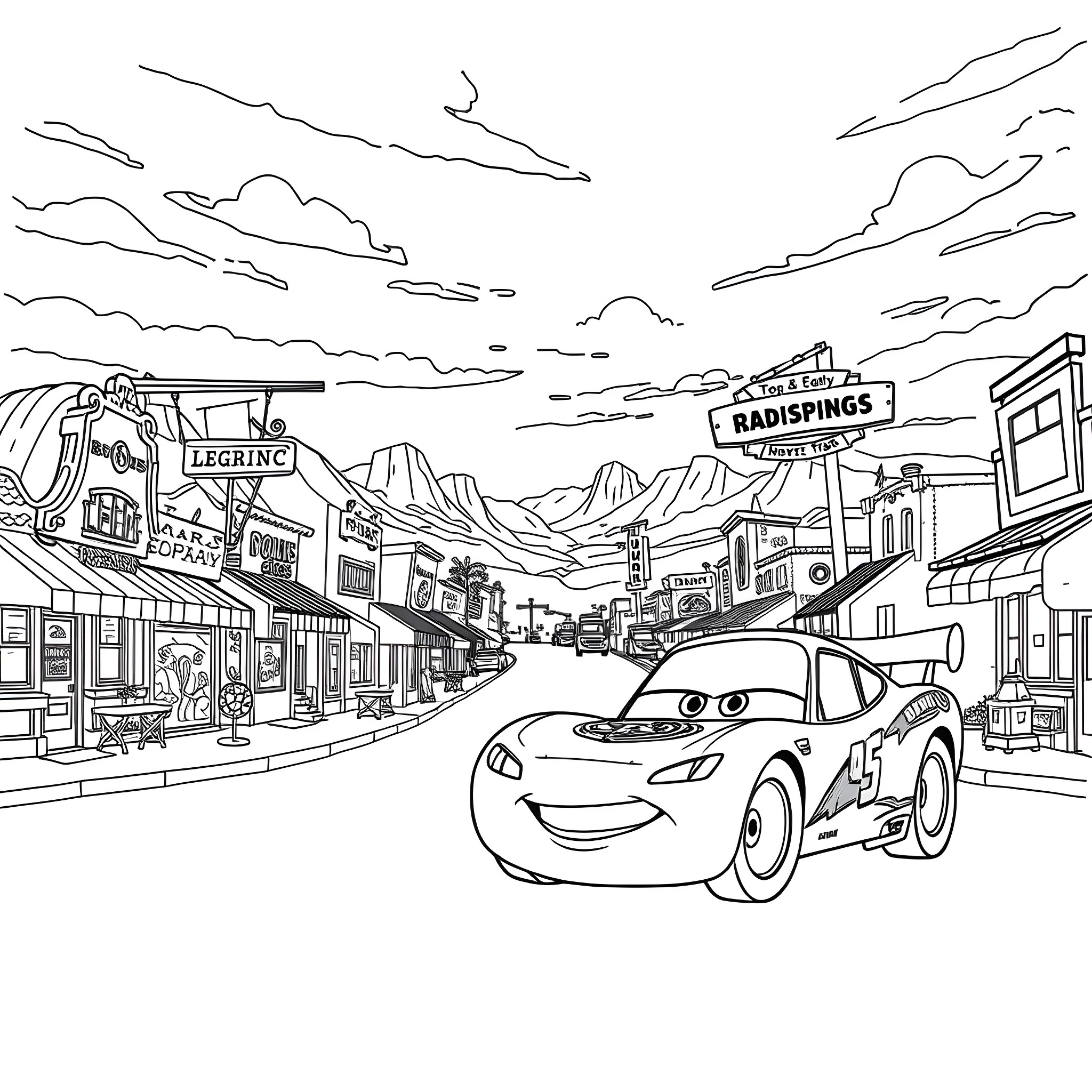 Lightning McQueen races through the town Coloring Page (free black-and-white line drawing printable PDF for all, from beginners to advanced learners, including children, teens, adults, and seniors)