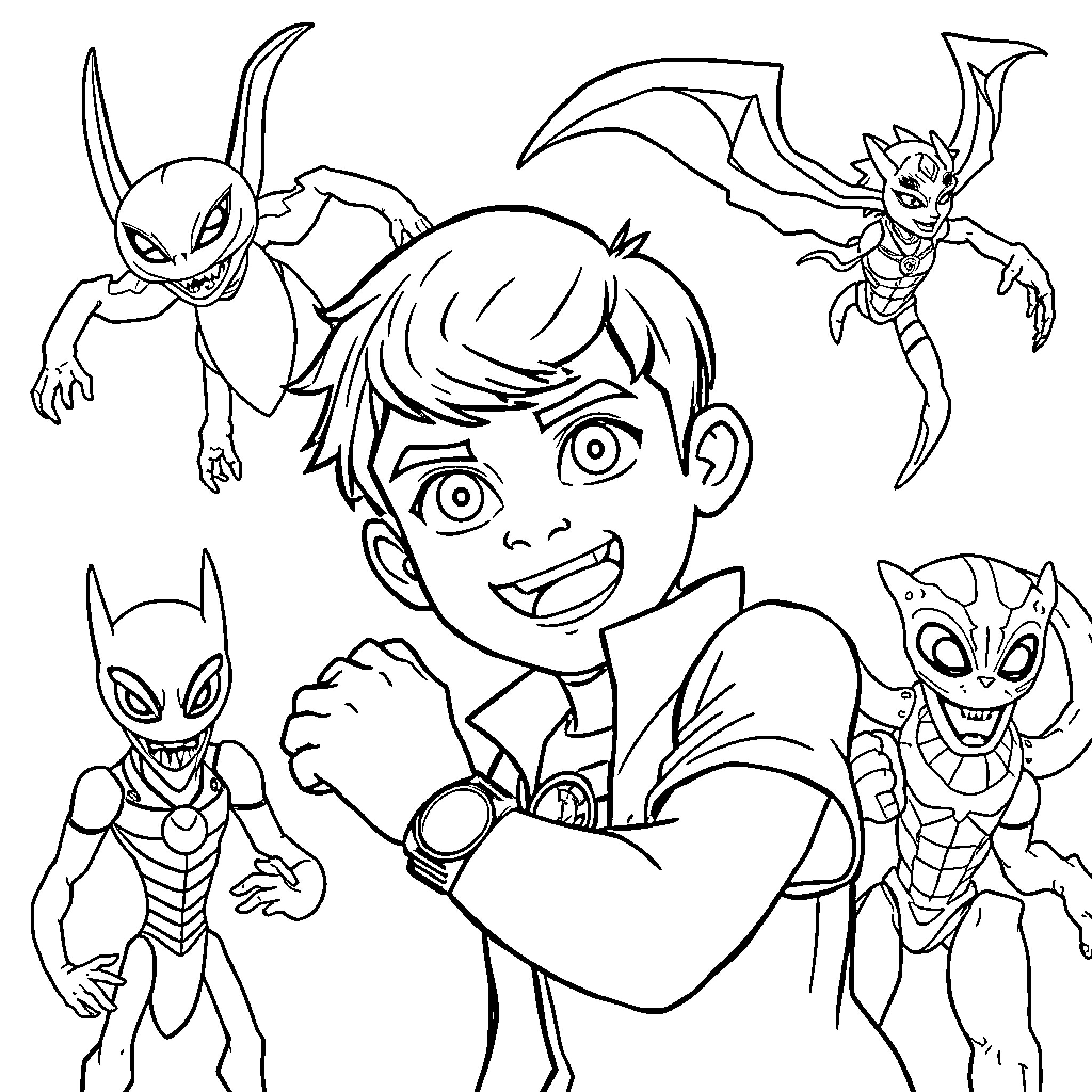 Ben 10 adventures with alien transformations Coloring Page (free black-and-white line drawing printable PDF for all, from beginners to advanced learners, including children, teens, adults, and seniors)