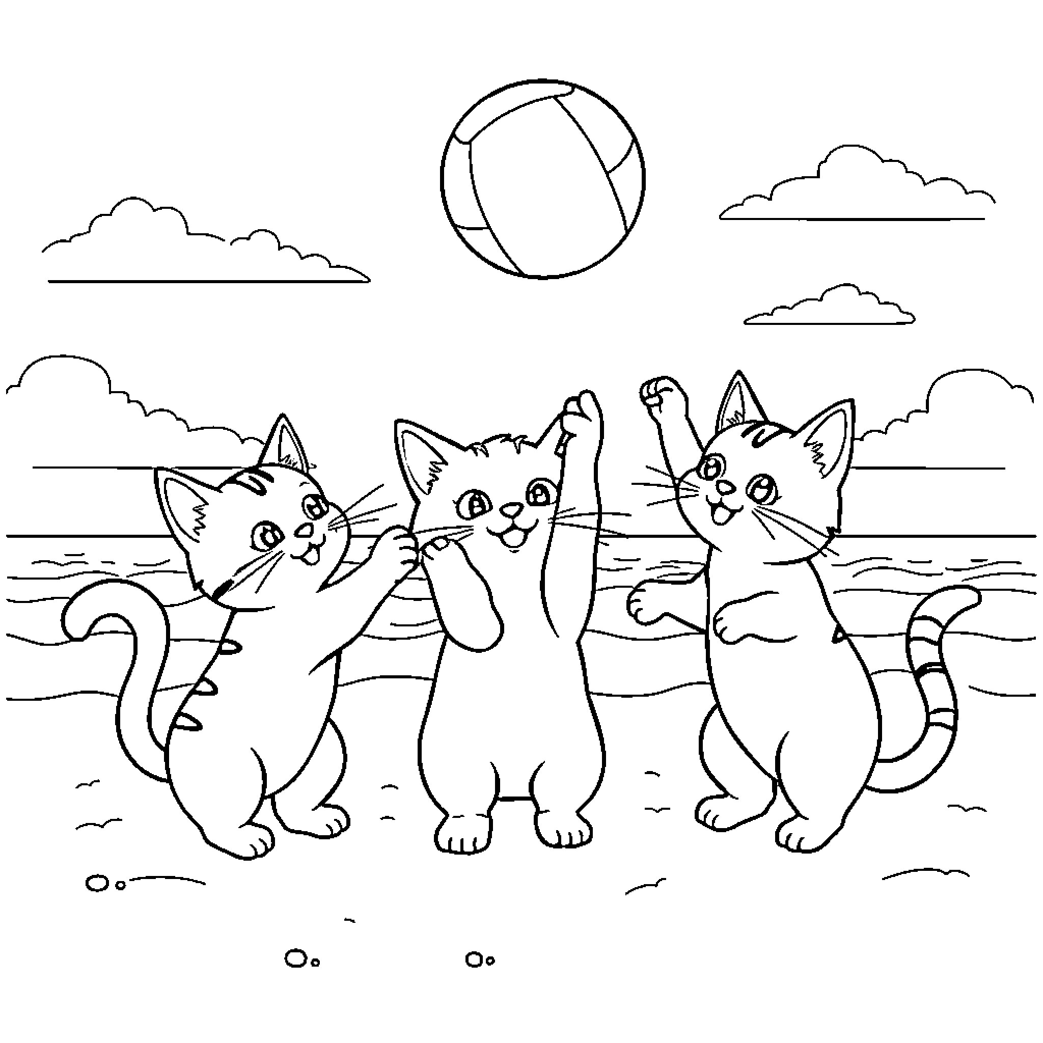 Cats Playing with a Ball on the Beach Coloring Page (free black-and-white line drawing printable PDF for all, from beginners to advanced learners, including children, teens, adults, and seniors)