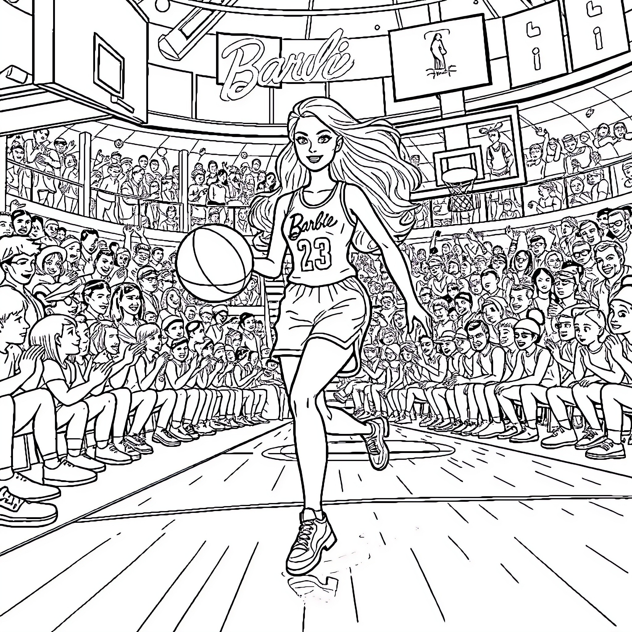 Barbie Playing Basketball on the Court Coloring Page (free black-and-white line drawing printable PDF for all, from beginners to advanced learners, including children, teens, adults, and seniors)