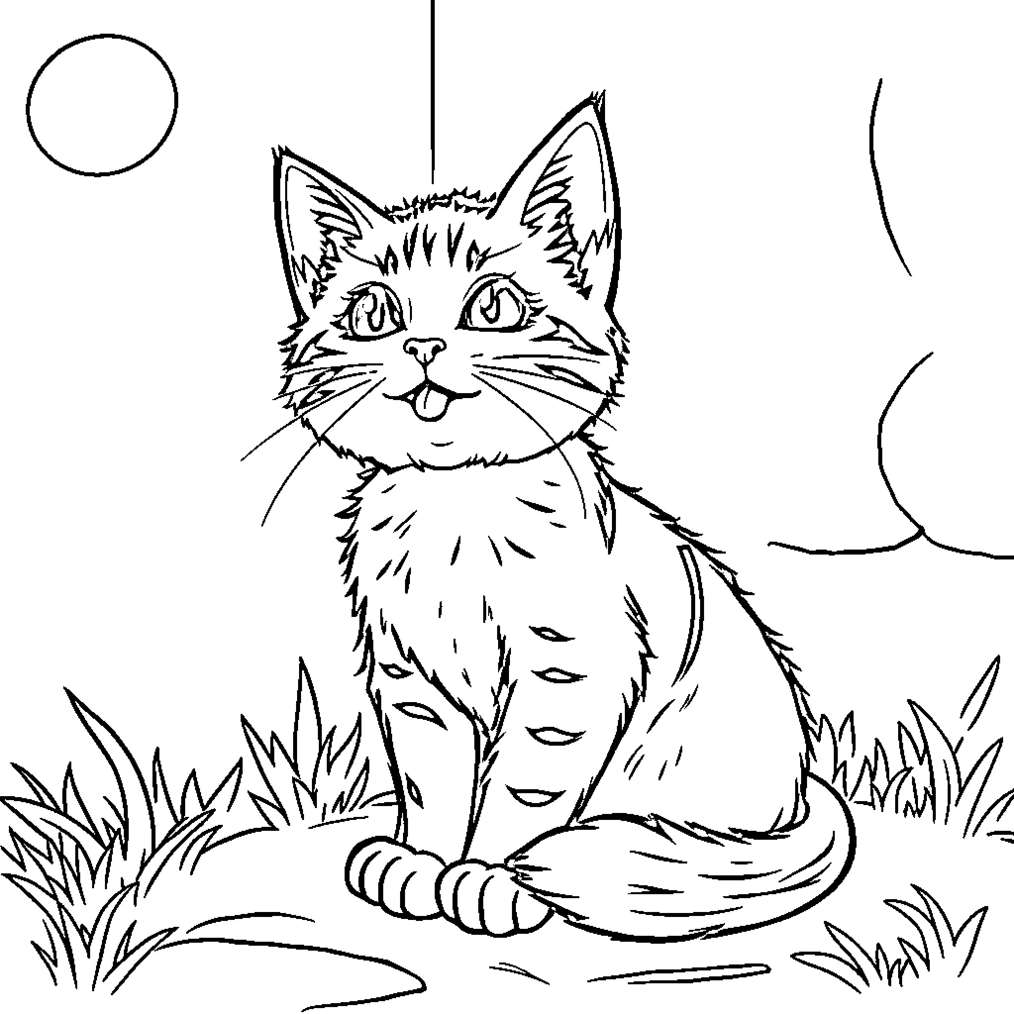 Cat looking curiously in the nature Coloring Page (free black-and-white line drawing printable PDF for all, from beginners to advanced learners, including children, teens, adults, and seniors)