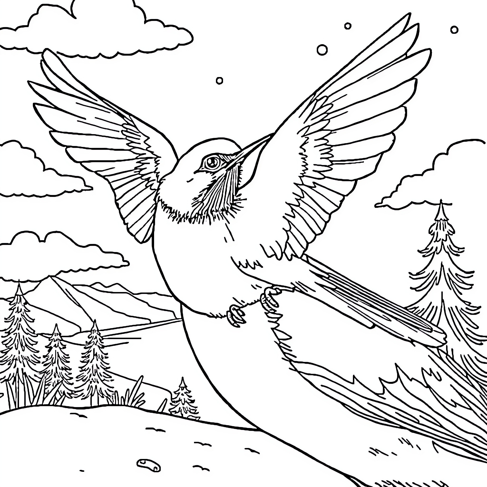 Rabbit soaring through the skies Coloring Page (free black-and-white line drawing printable PDF for all, from beginners to advanced learners, including children, teens, adults, and seniors)