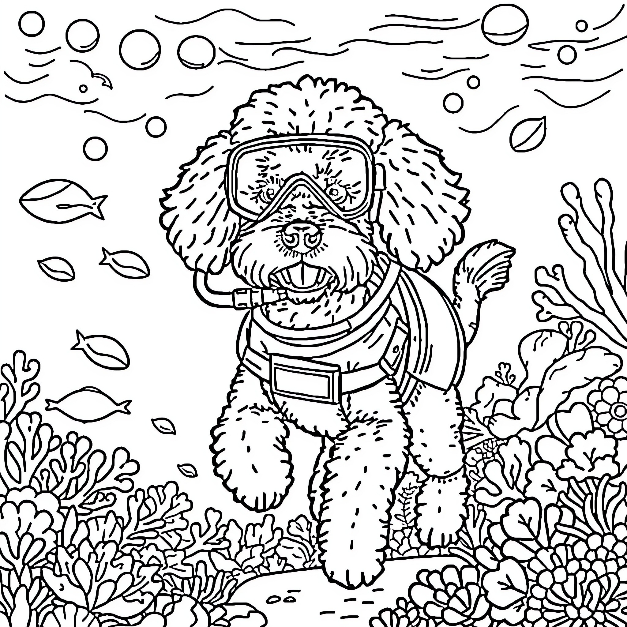 Maltese Poodle exploring the underwater world Coloring Page (free black-and-white line drawing printable PDF for all, from beginners to advanced learners, including children, teens, adults, and seniors)