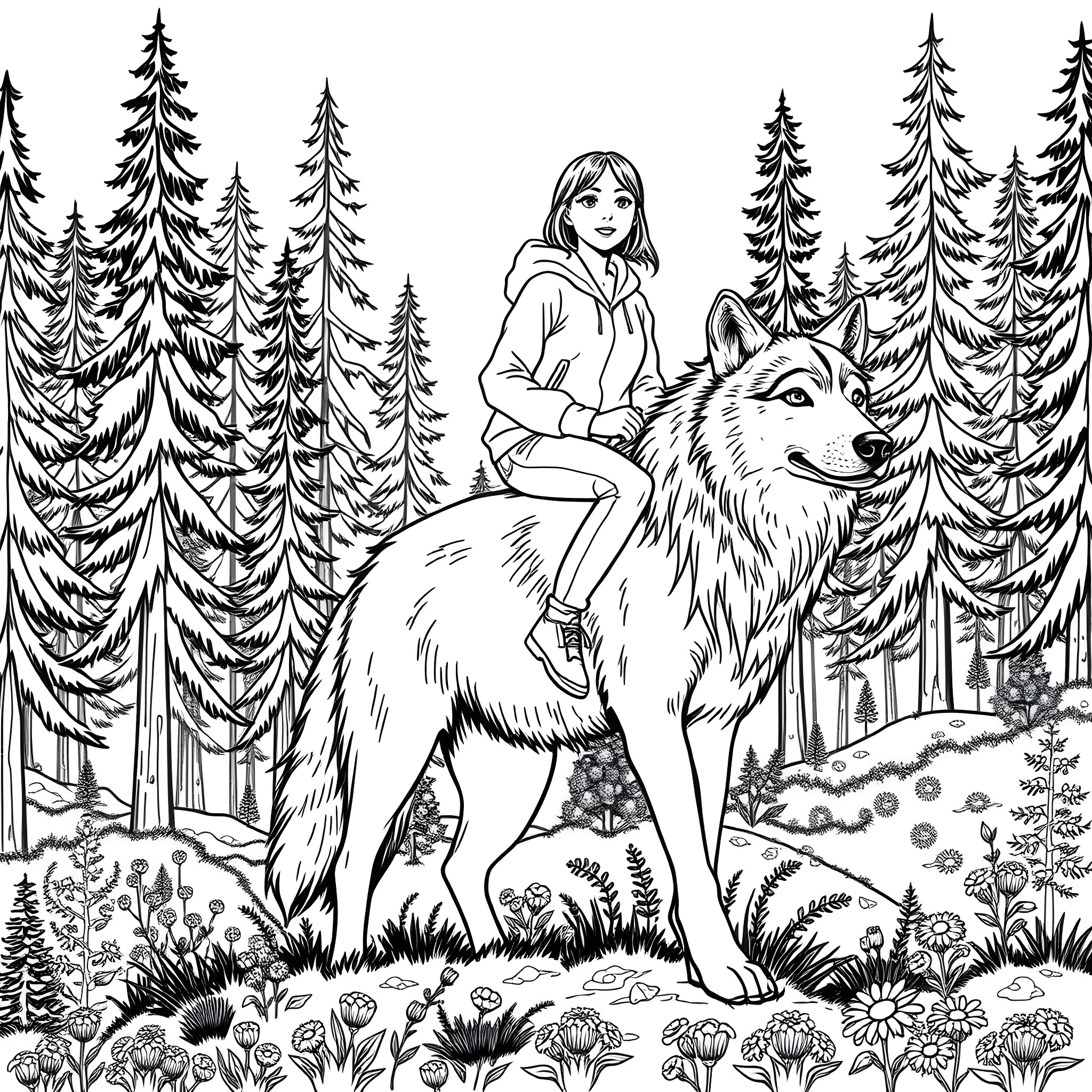 Teen Girl Riding on a Wolf in the Forest Coloring Page (free black-and-white line drawing printable PDF for all, from beginners to advanced learners, including children, teens, adults, and seniors)