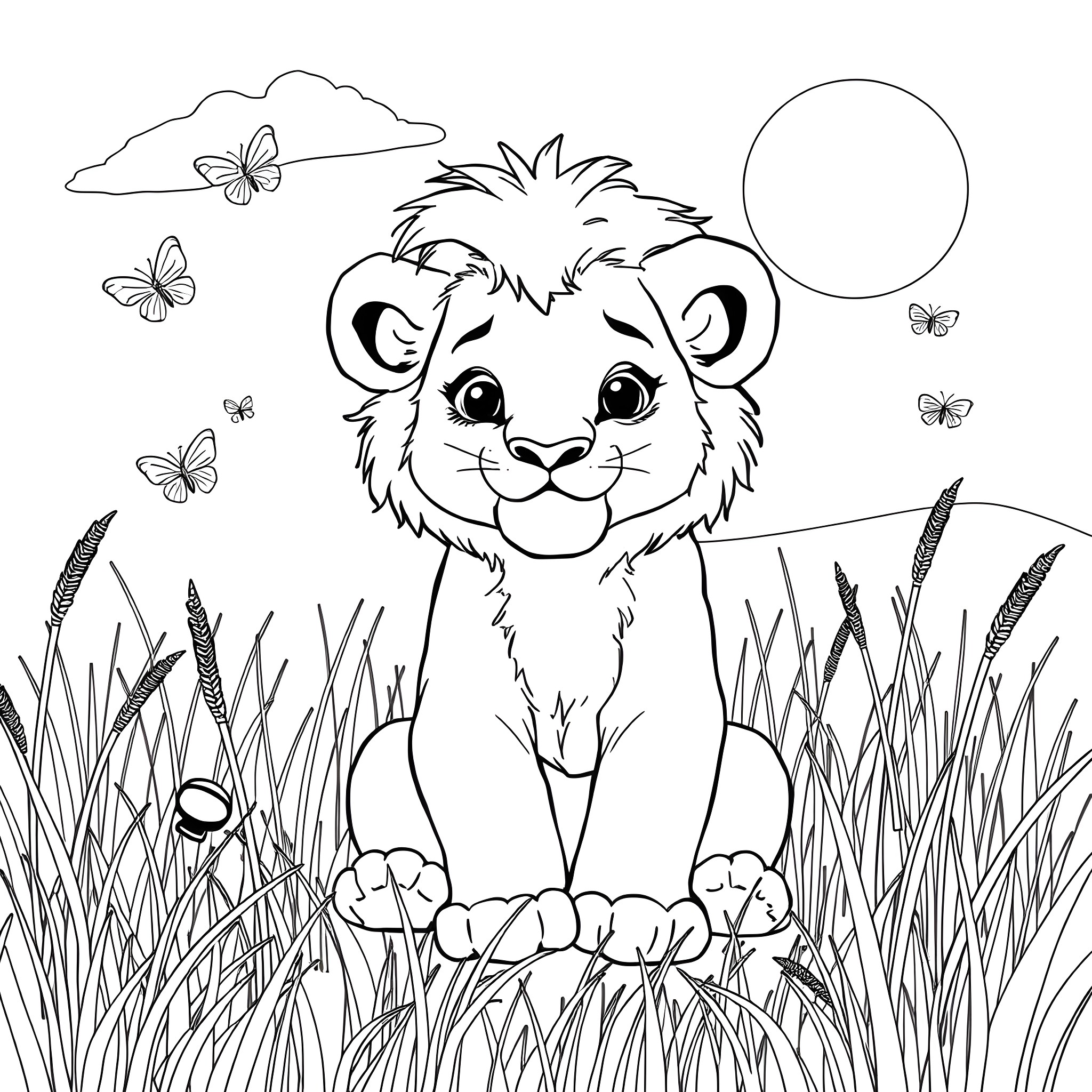 Lion cub playing with butterflies in the meadow Coloring Page (free black-and-white line drawing printable PDF for all, from beginners to advanced learners, including children, teens, adults, and seniors)