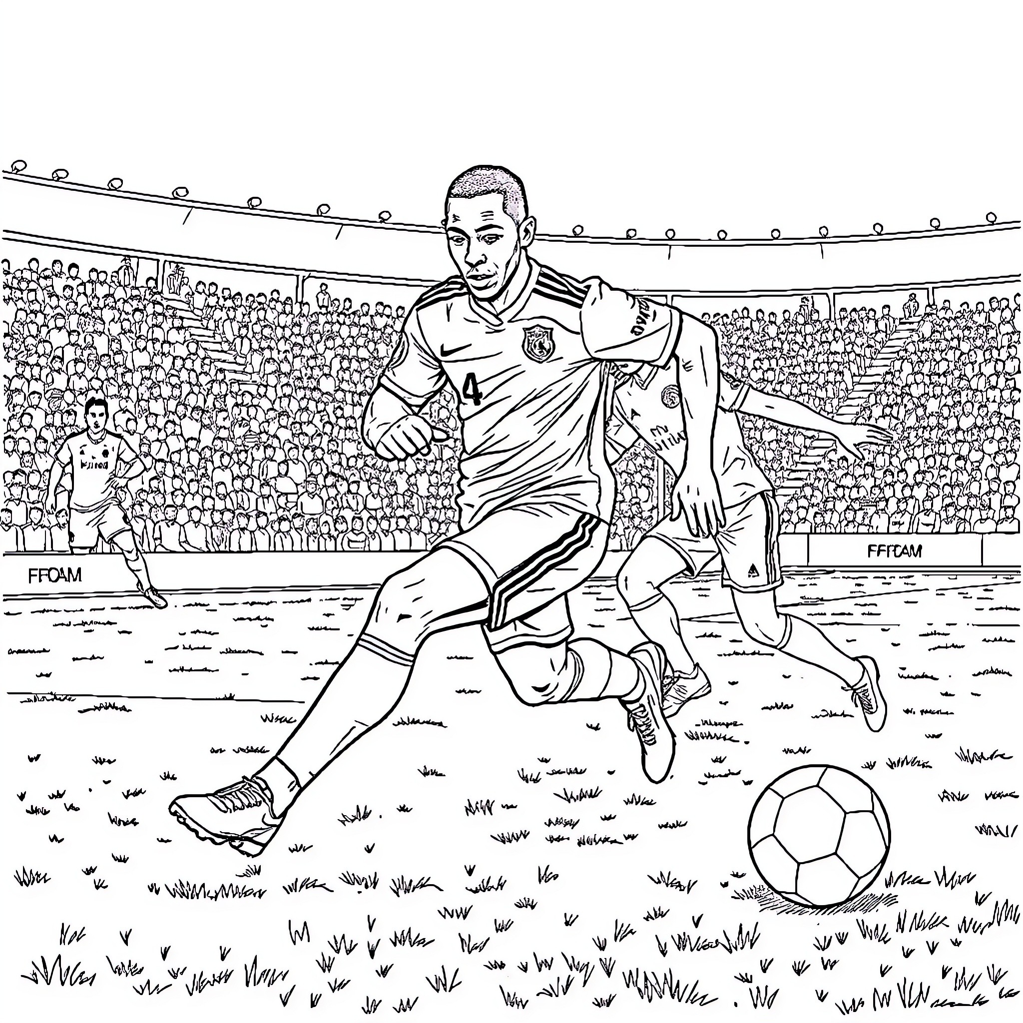 Mbappe celebrating a goal on the field Coloring Page (free black-and-white line drawing printable PDF for all, from beginners to advanced learners, including children, teens, adults, and seniors)