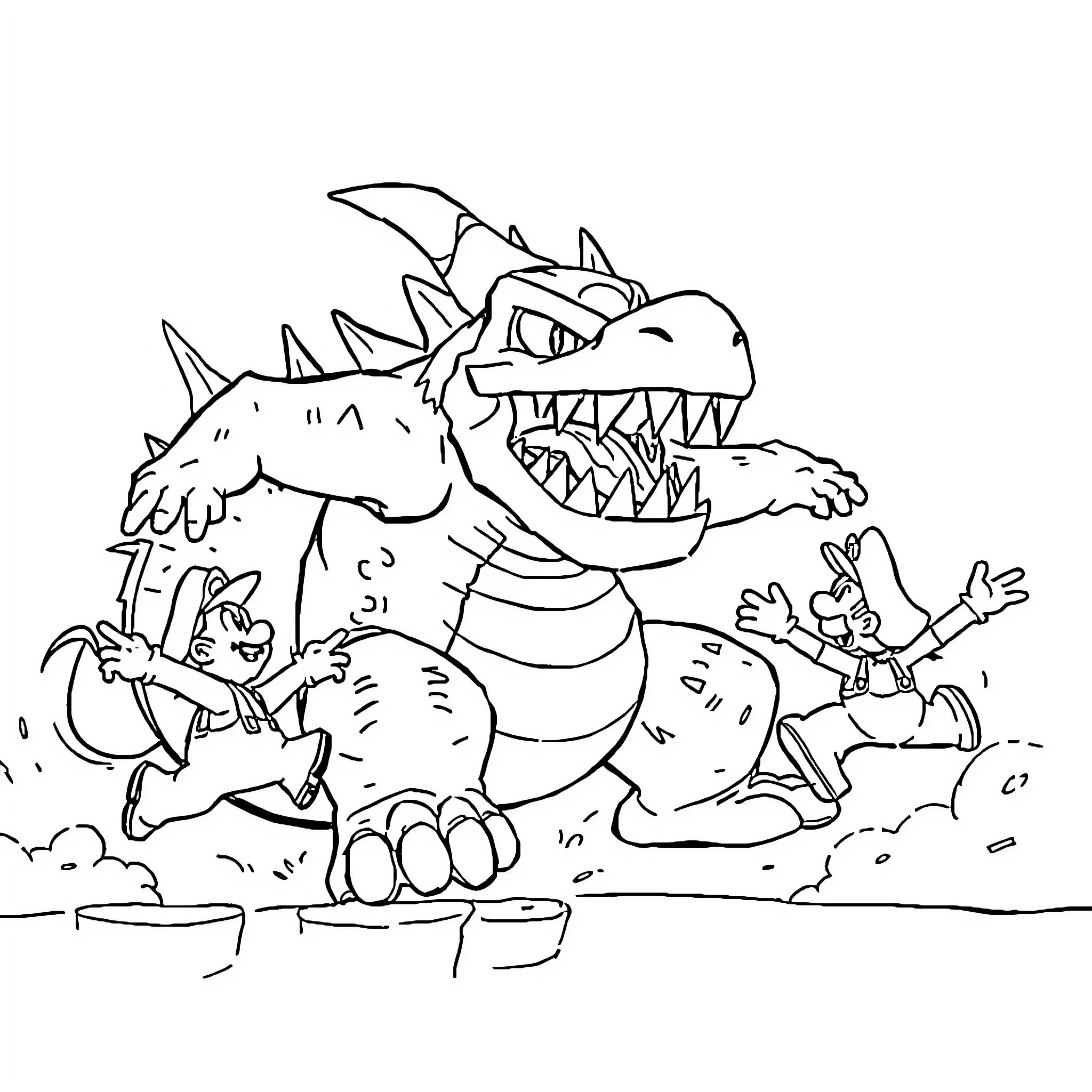 Demogorgon chases frightened characters in cartoon-like scene Coloring Page (free black-and-white line drawing printable PDF for all, from beginners to advanced learners, including children, teens, adults, and seniors)