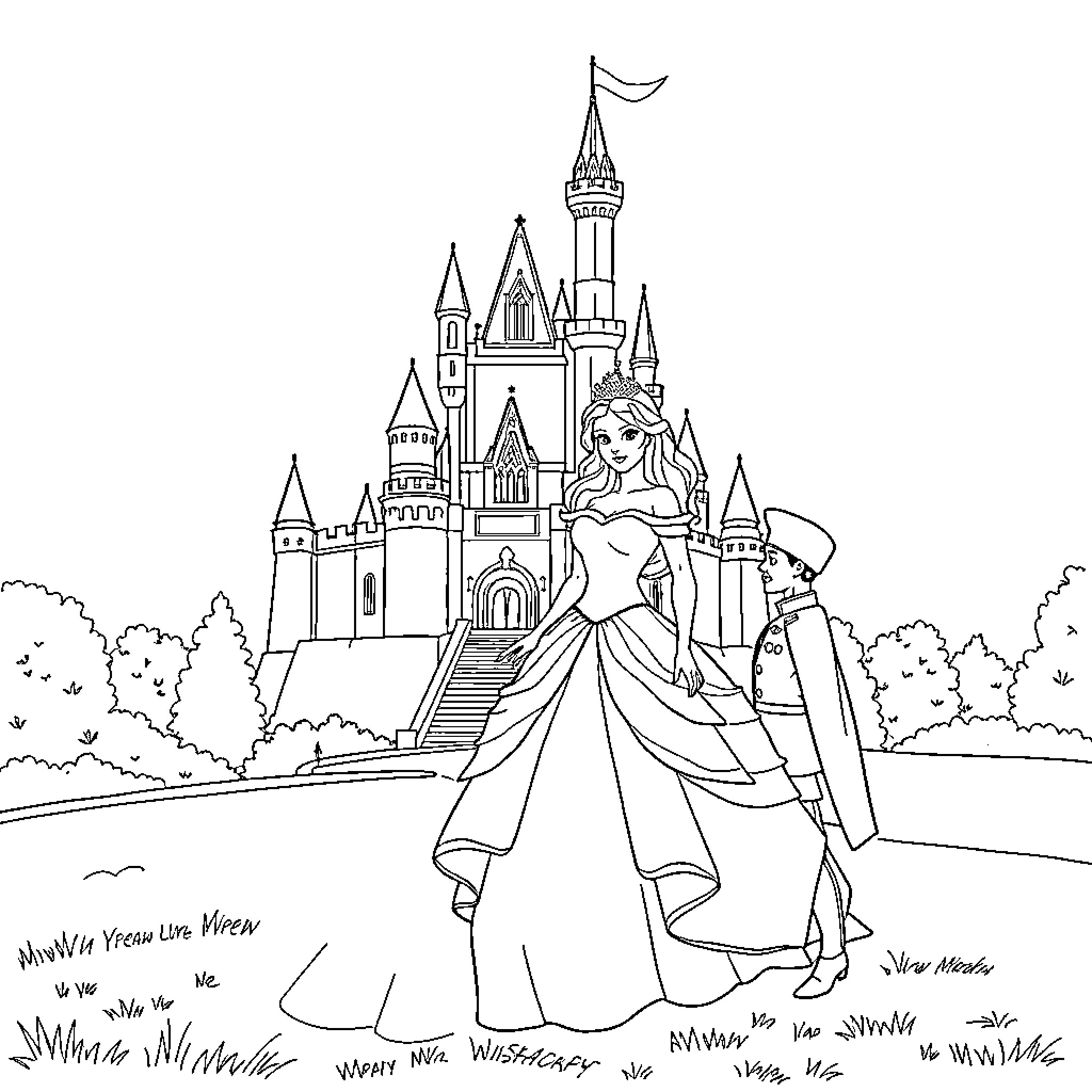 Princess enjoying a stroll in the palace garden Coloring Page (free black-and-white line drawing printable PDF for all, from beginners to advanced learners, including children, teens, adults, and seniors)
