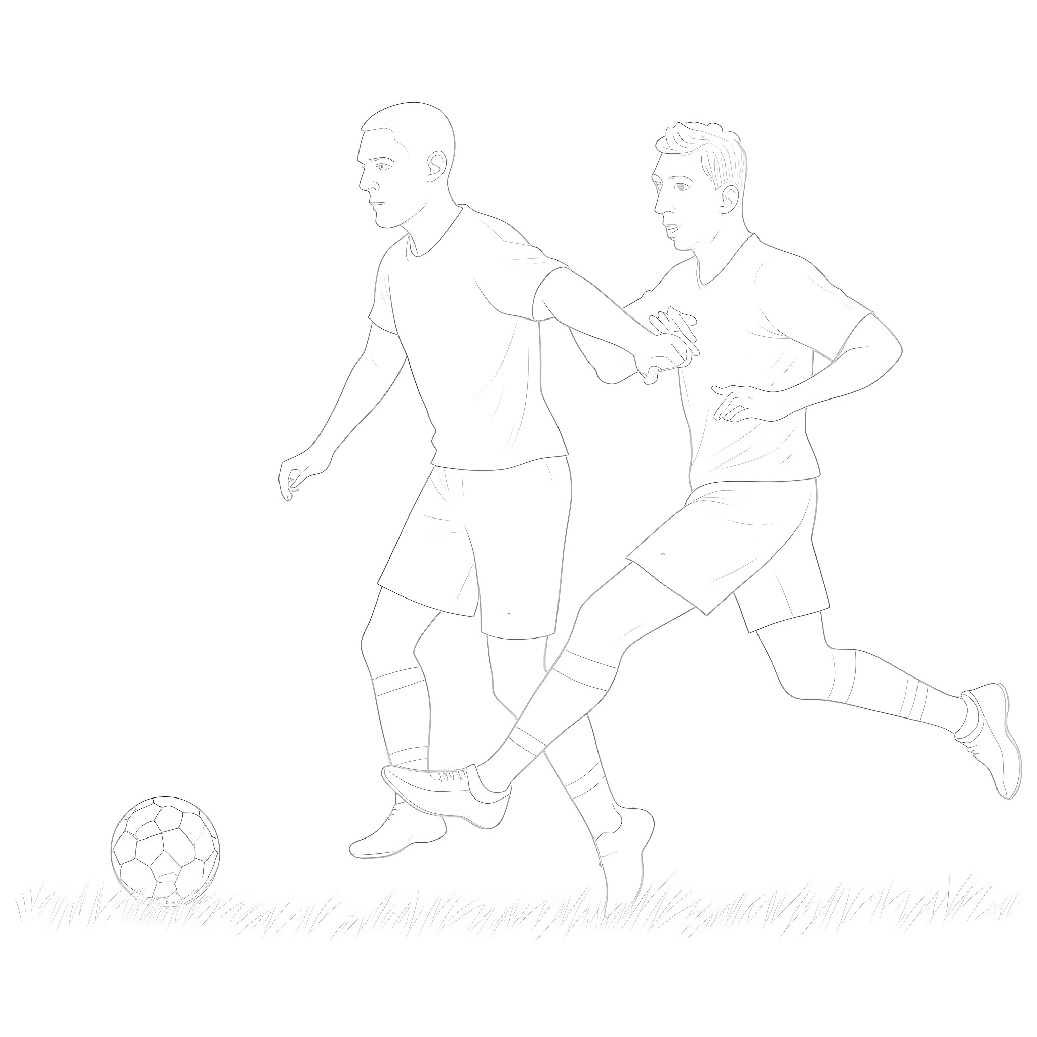 Football Players Competing in Match Coloring Page (free black-and-white line drawing printable PDF for all, from beginners to advanced learners, including children, teens, adults, and seniors)