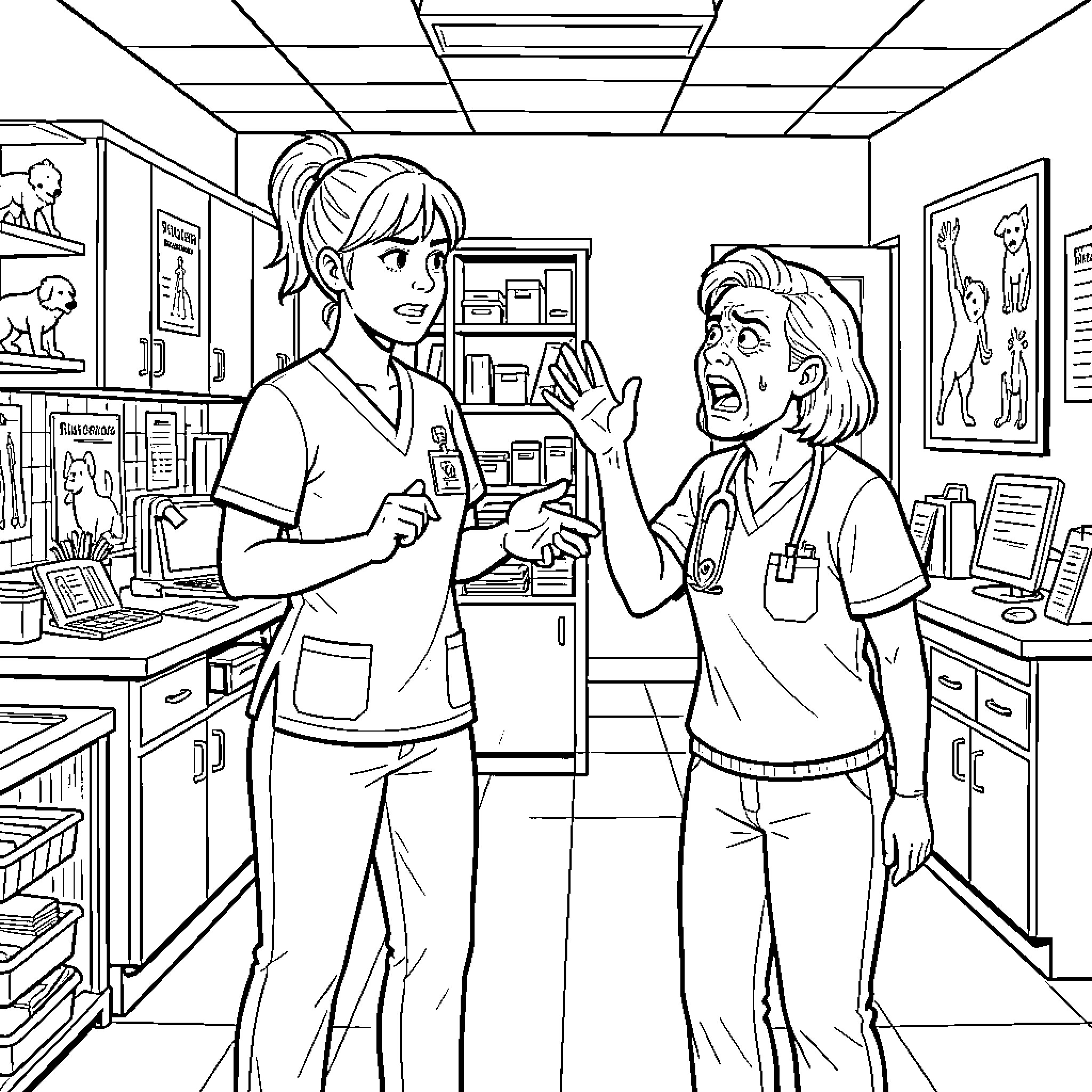 Veterinary Assistant Interacting with Veterinarian in Clinic Coloring Page (free black-and-white line drawing printable PDF for all, from beginners to advanced learners, including children, teens, adults, and seniors)