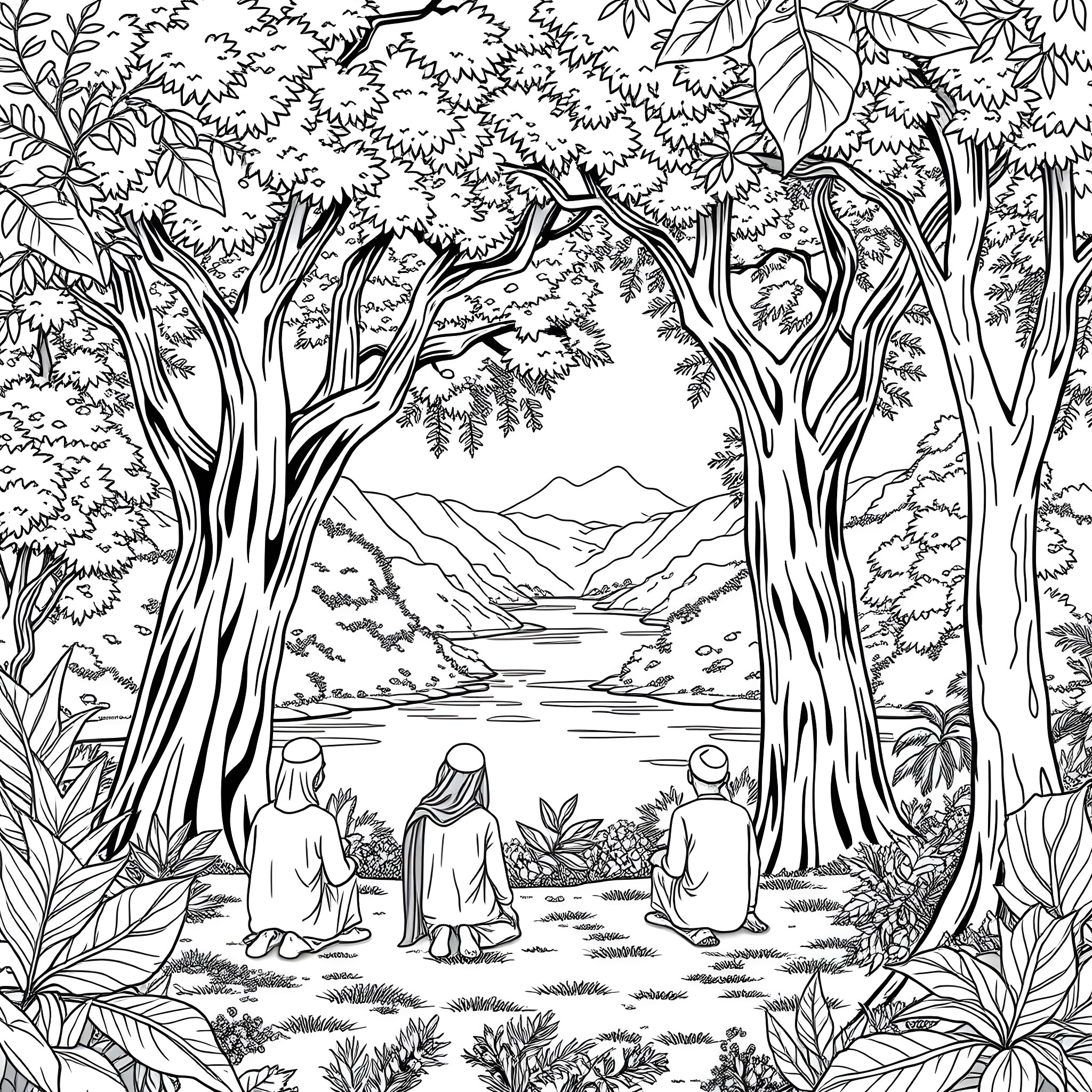 Child enjoying nature scene with friends in forest Coloring Page (free black-and-white line drawing printable PDF for all, from beginners to advanced learners, including children, teens, adults, and seniors)
