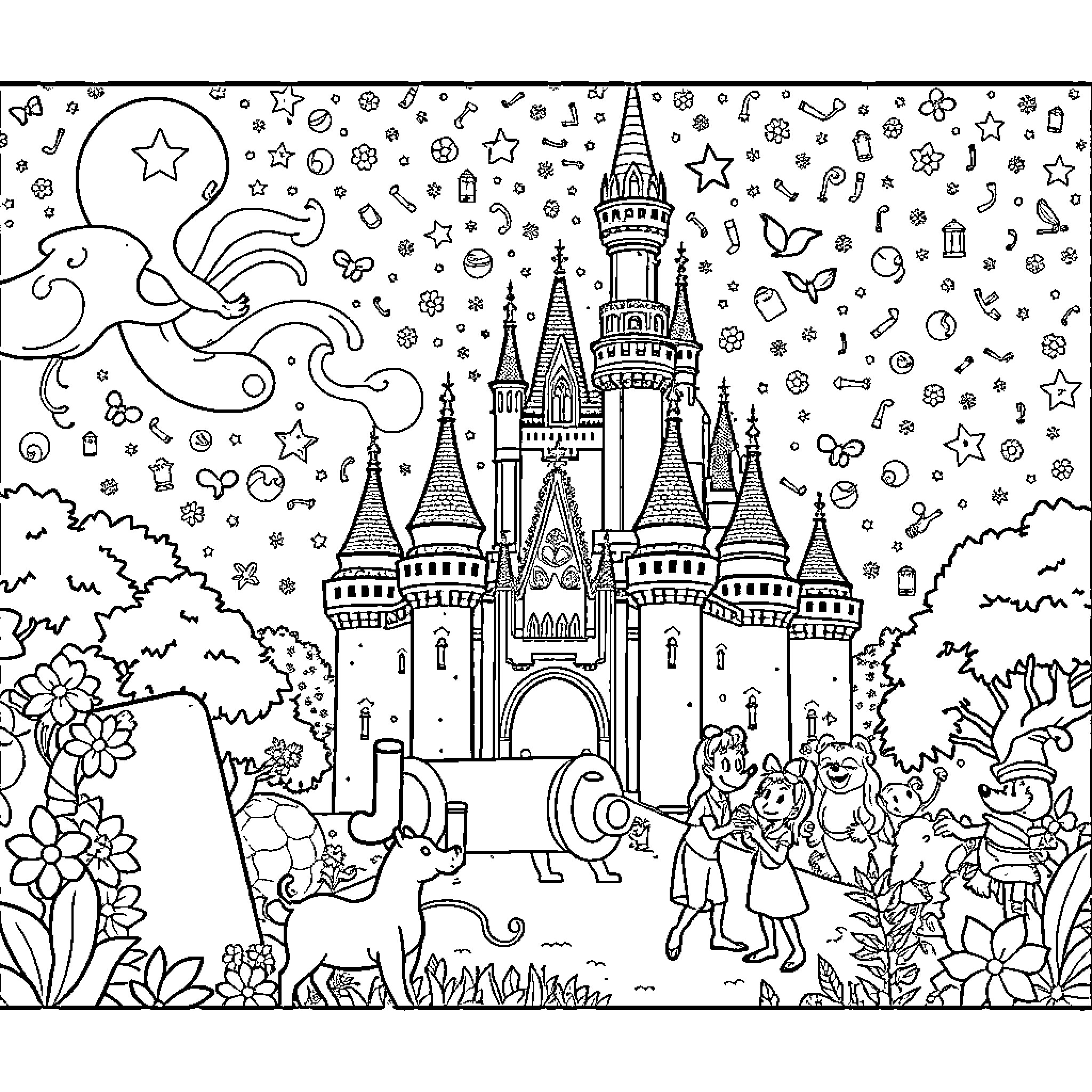 Disney characters at the magical castle Coloring Page (free black-and-white line drawing printable PDF for all, from beginners to advanced learners, including children, teens, adults, and seniors)