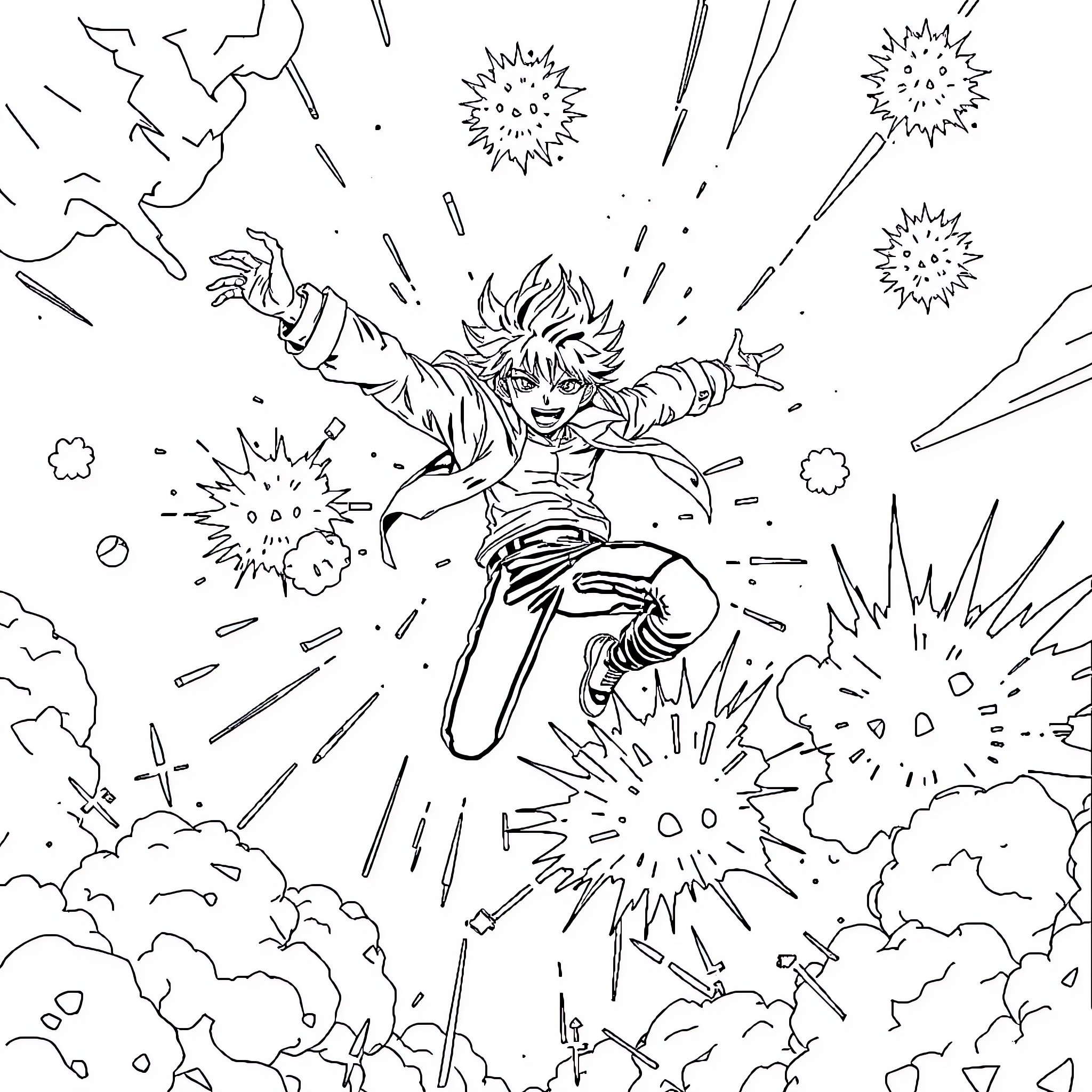 Katsuki Bakugo Unleashing Powerful Explosion Abilities Coloring Page (free black-and-white line drawing printable PDF for all, from beginners to advanced learners, including children, teens, adults, and seniors)