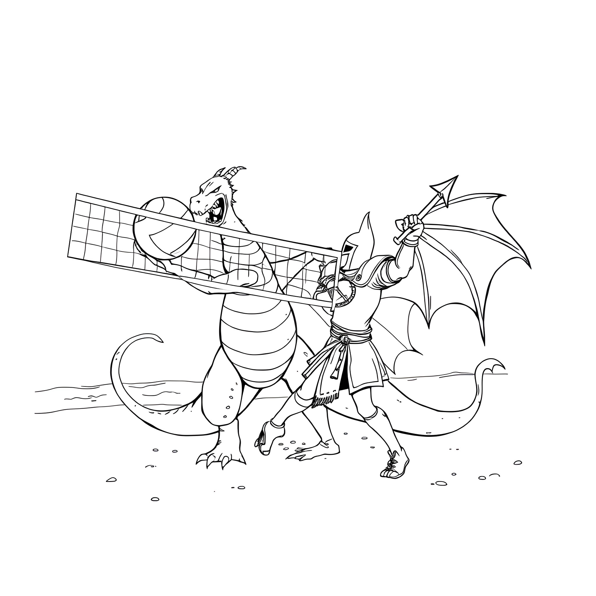 Dragon warriors battling with swords and shields Coloring Page (free black-and-white line drawing printable PDF for all, from beginners to advanced learners, including children, teens, adults, and seniors)
