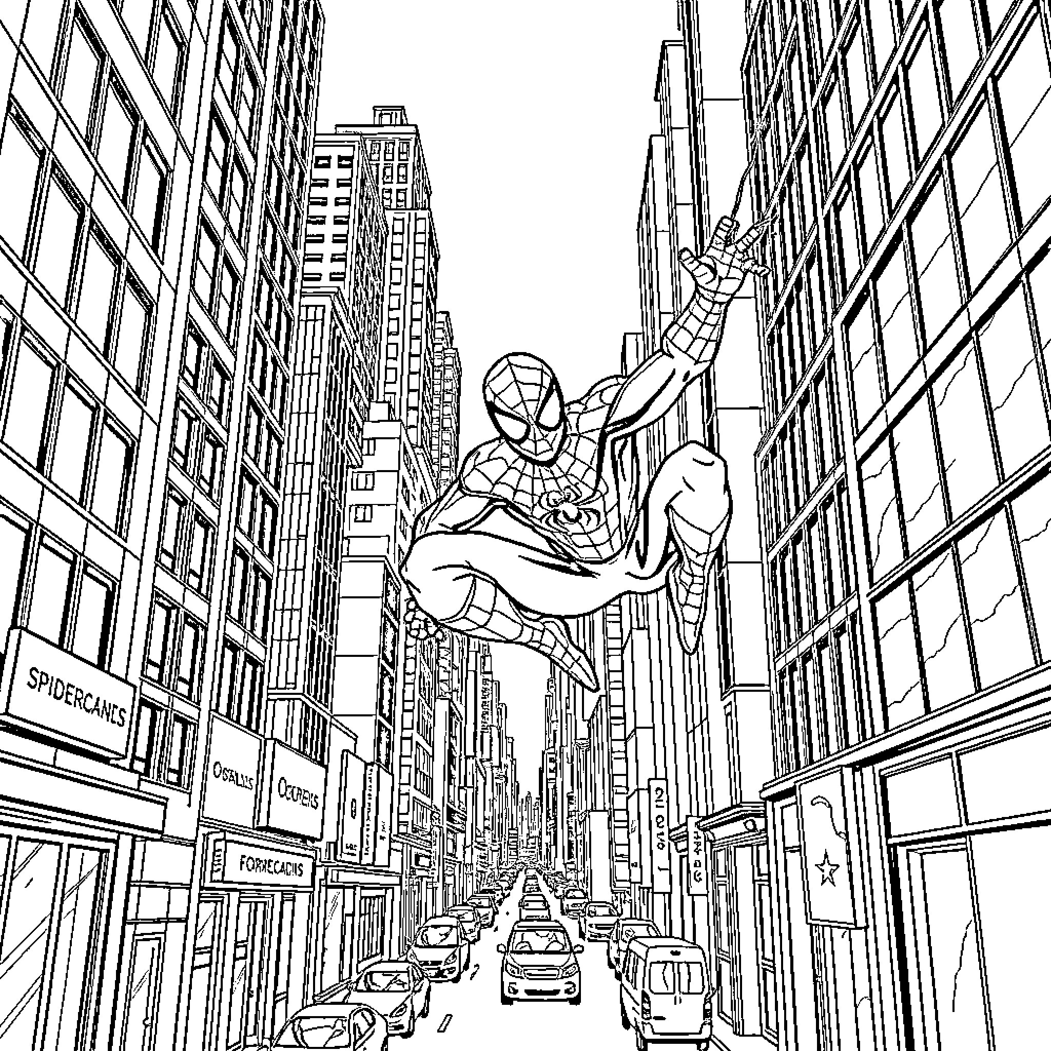 Spiderman swinging through New York City Coloring Page (free black-and-white line drawing printable PDF for all, from beginners to advanced learners, including children, teens, adults, and seniors)