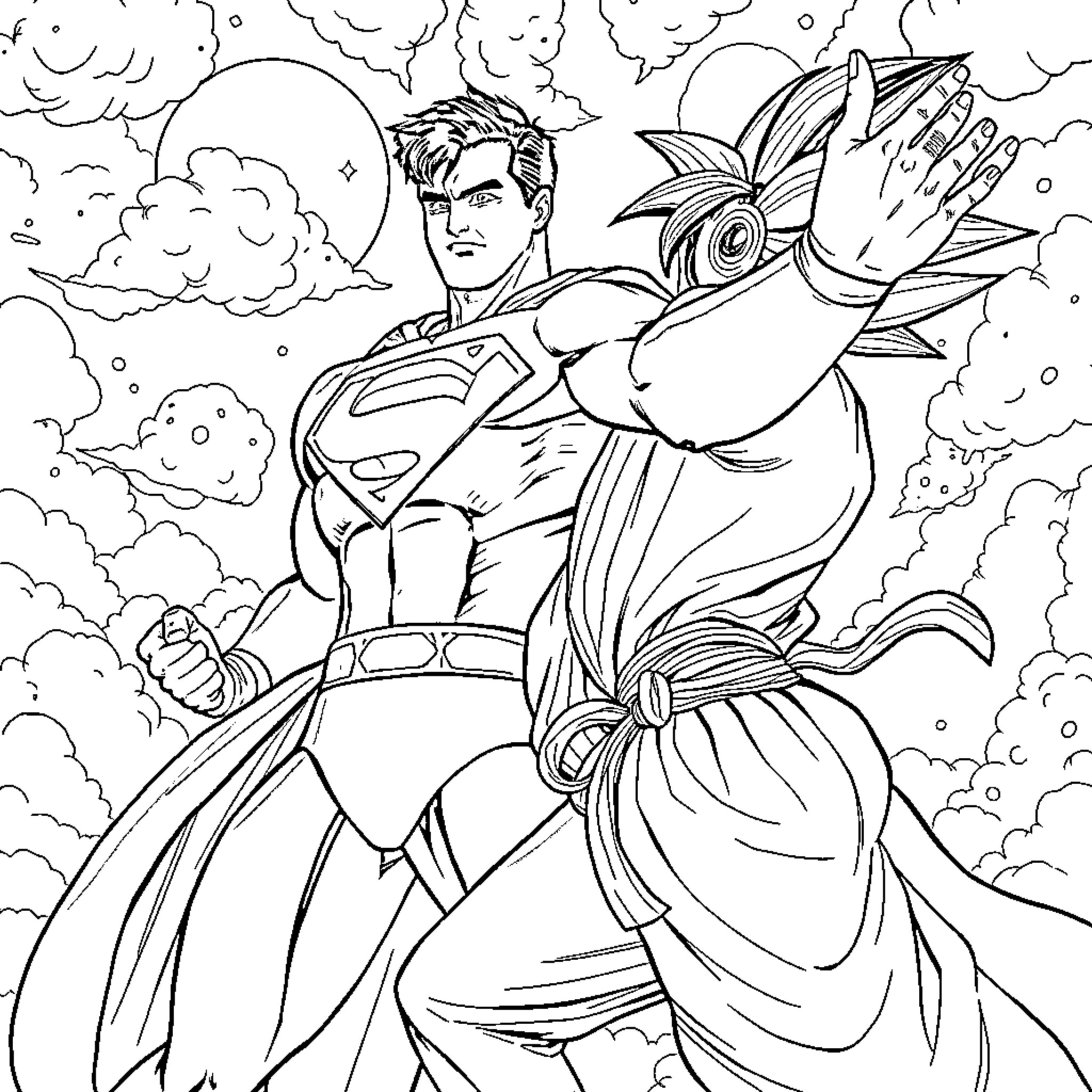 Superman soaring through the clouds Coloring Page (free black-and-white line drawing printable PDF for all, from beginners to advanced learners, including children, teens, adults, and seniors)
