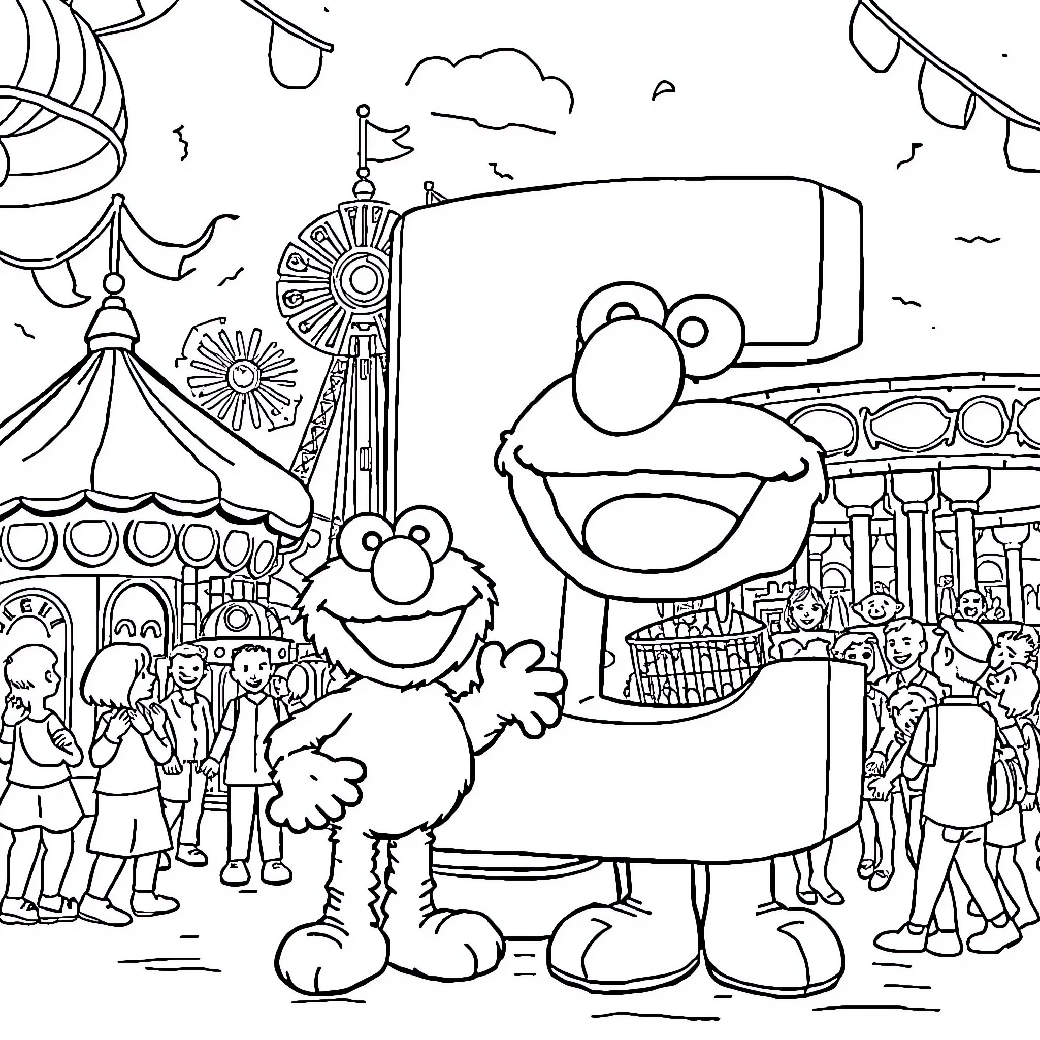 Elmo's Fun Day at the Carnival Coloring Page (free black-and-white line drawing printable PDF for all, from beginners to advanced learners, including children, teens, adults, and seniors)