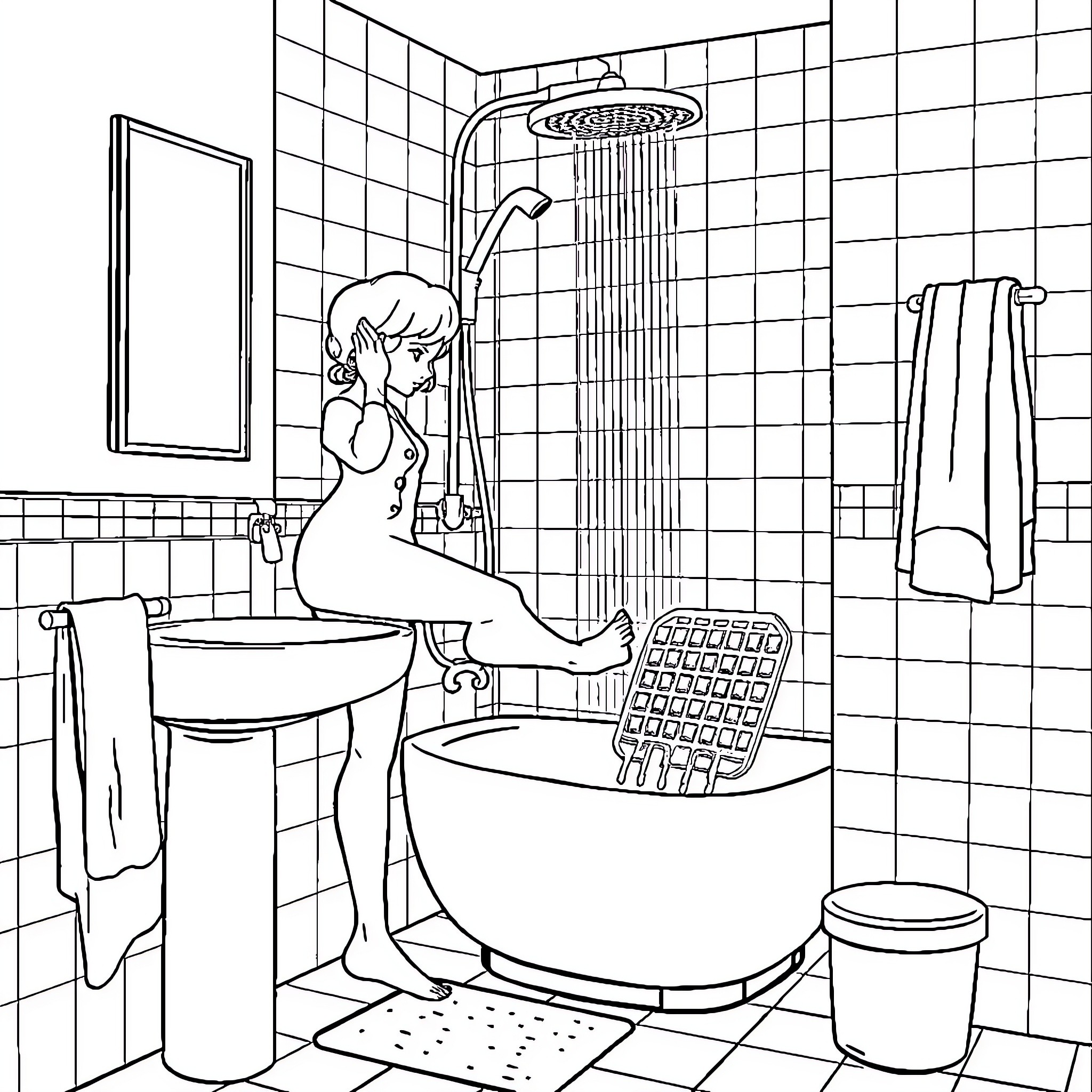 Lady in the shower cleaning herself Coloring Page (free black-and-white line drawing printable PDF for all, from beginners to advanced learners, including children, teens, adults, and seniors)
