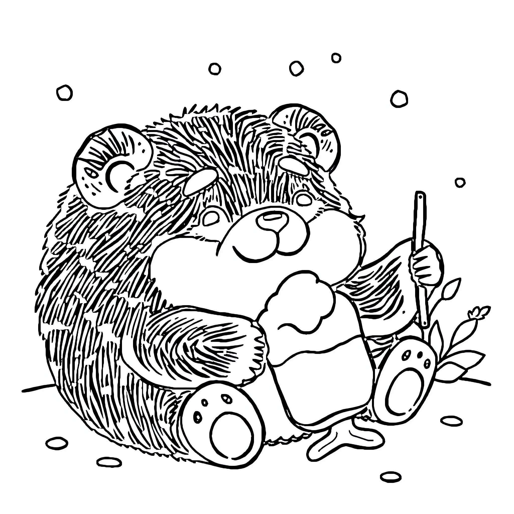 Teddy Bear making a snow angel in the winter Coloring Page (free black-and-white line drawing printable PDF for all, from beginners to advanced learners, including children, teens, adults, and seniors)