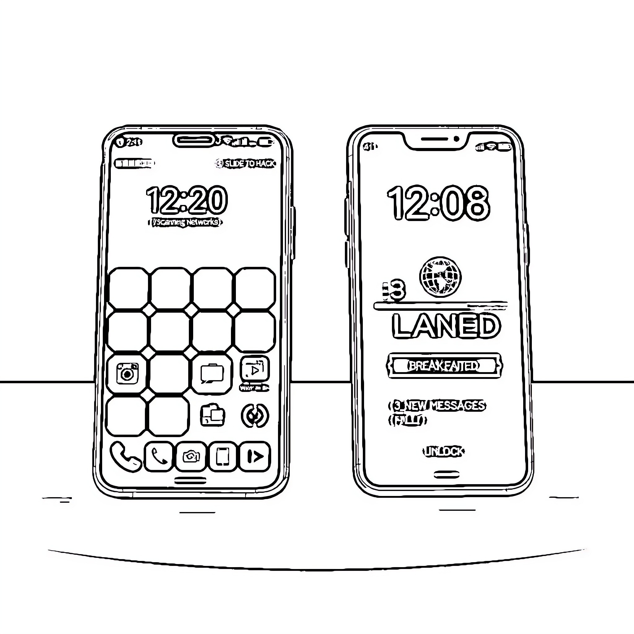 Smartphone Displays with Time and App Interfaces Coloring Page (free black-and-white line drawing printable PDF for all, from beginners to advanced learners, including children, teens, adults, and seniors)