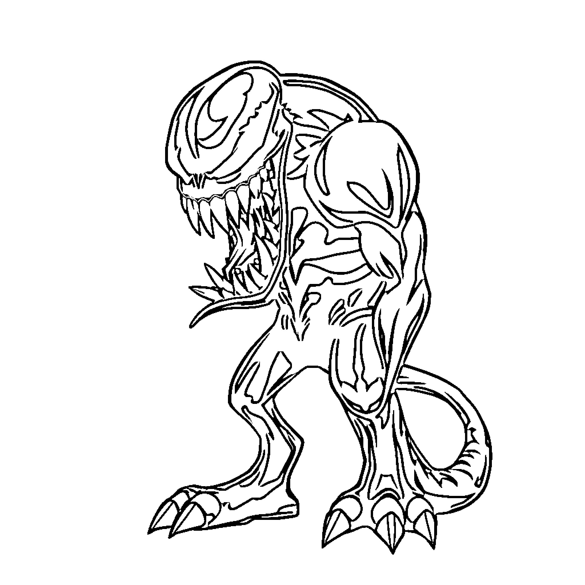 Venom Creature in Threatening Pose Coloring Page (free black-and-white line drawing printable PDF for all, from beginners to advanced learners, including children, teens, adults, and seniors)