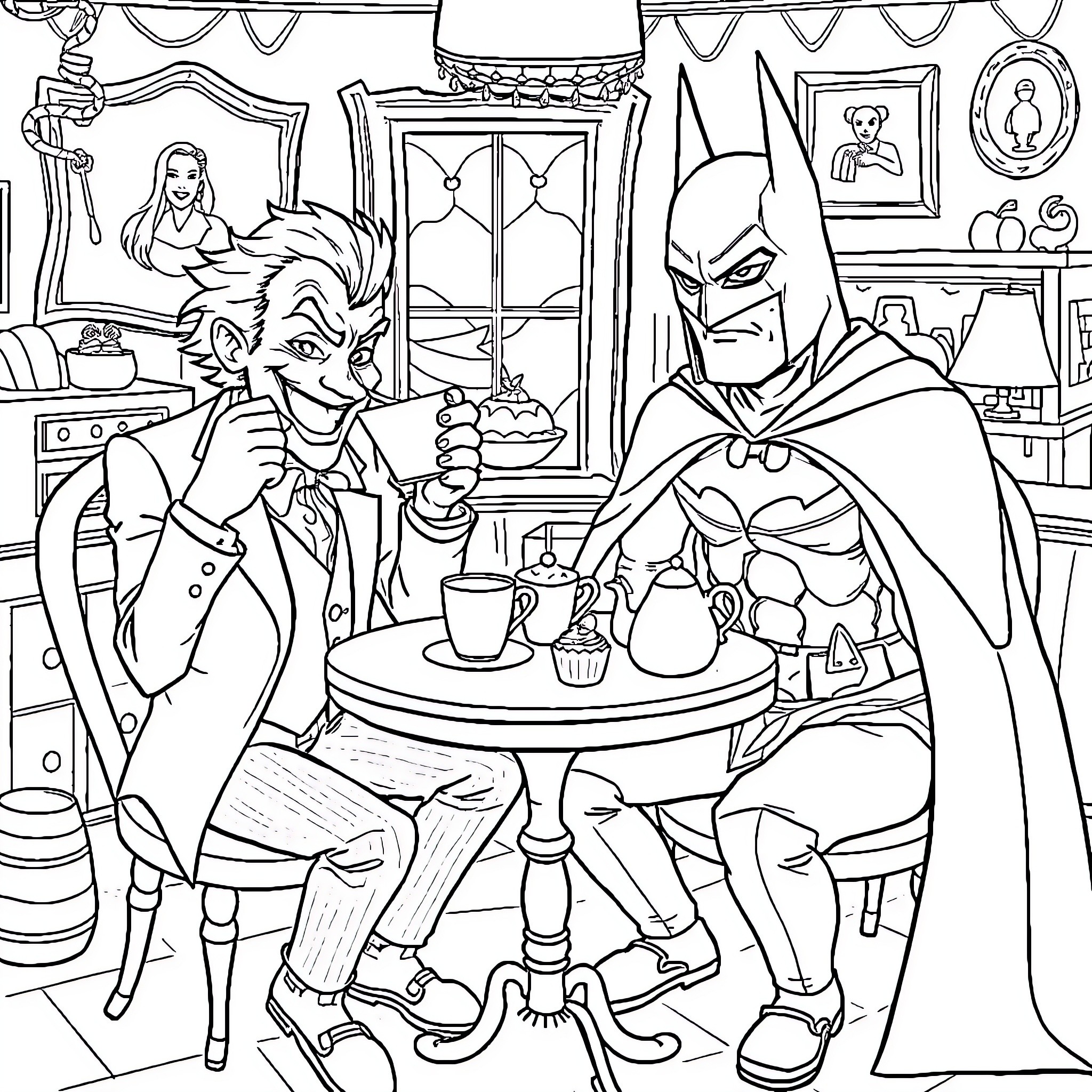 Joker and Batman's Afternoon Tea Coloring Page (free black-and-white line drawing printable PDF for all, from beginners to advanced learners, including children, teens, adults, and seniors)