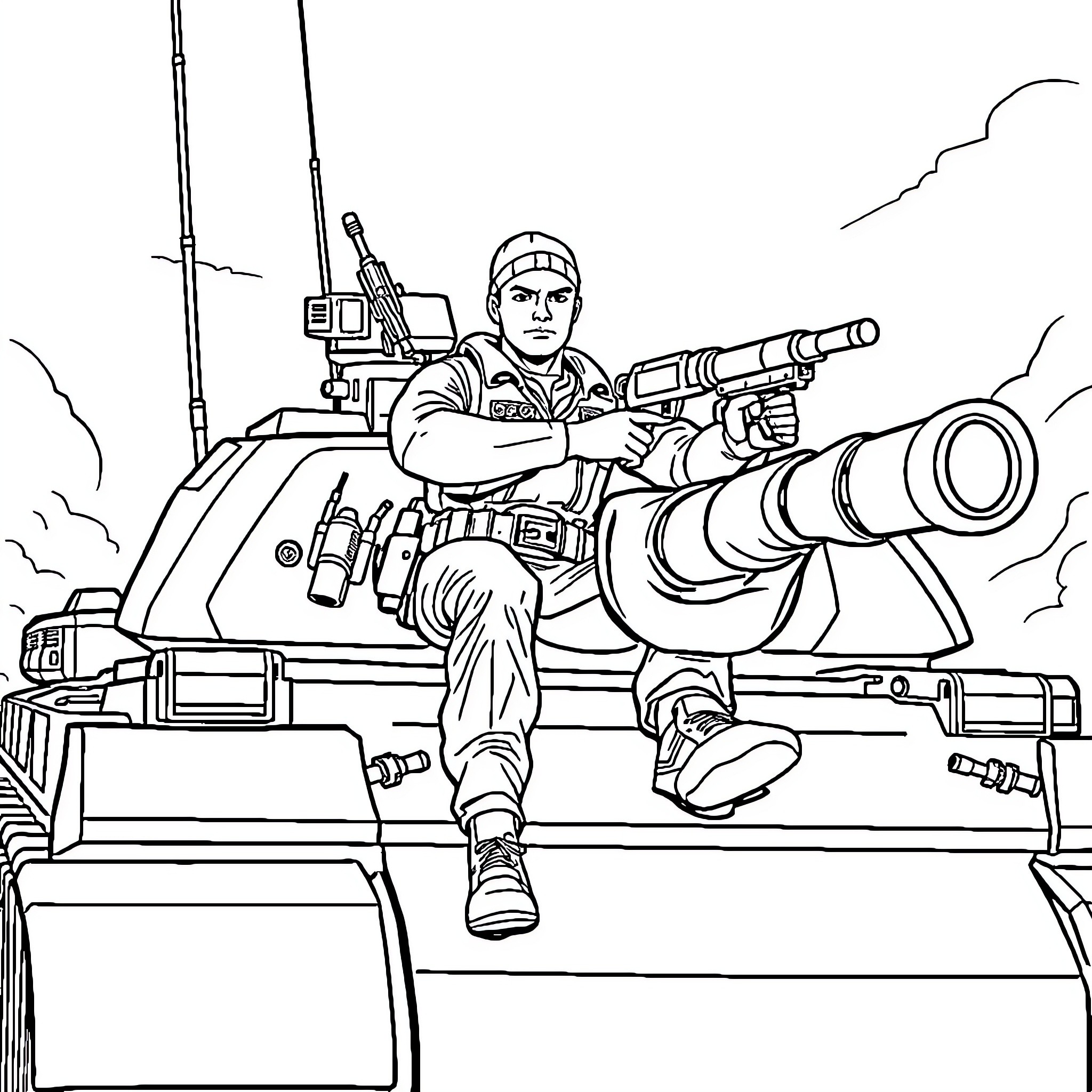 GI Joe soldier on a military tank with weaponry Coloring Page (free black-and-white line drawing printable PDF for all, from beginners to advanced learners, including children, teens, adults, and seniors)