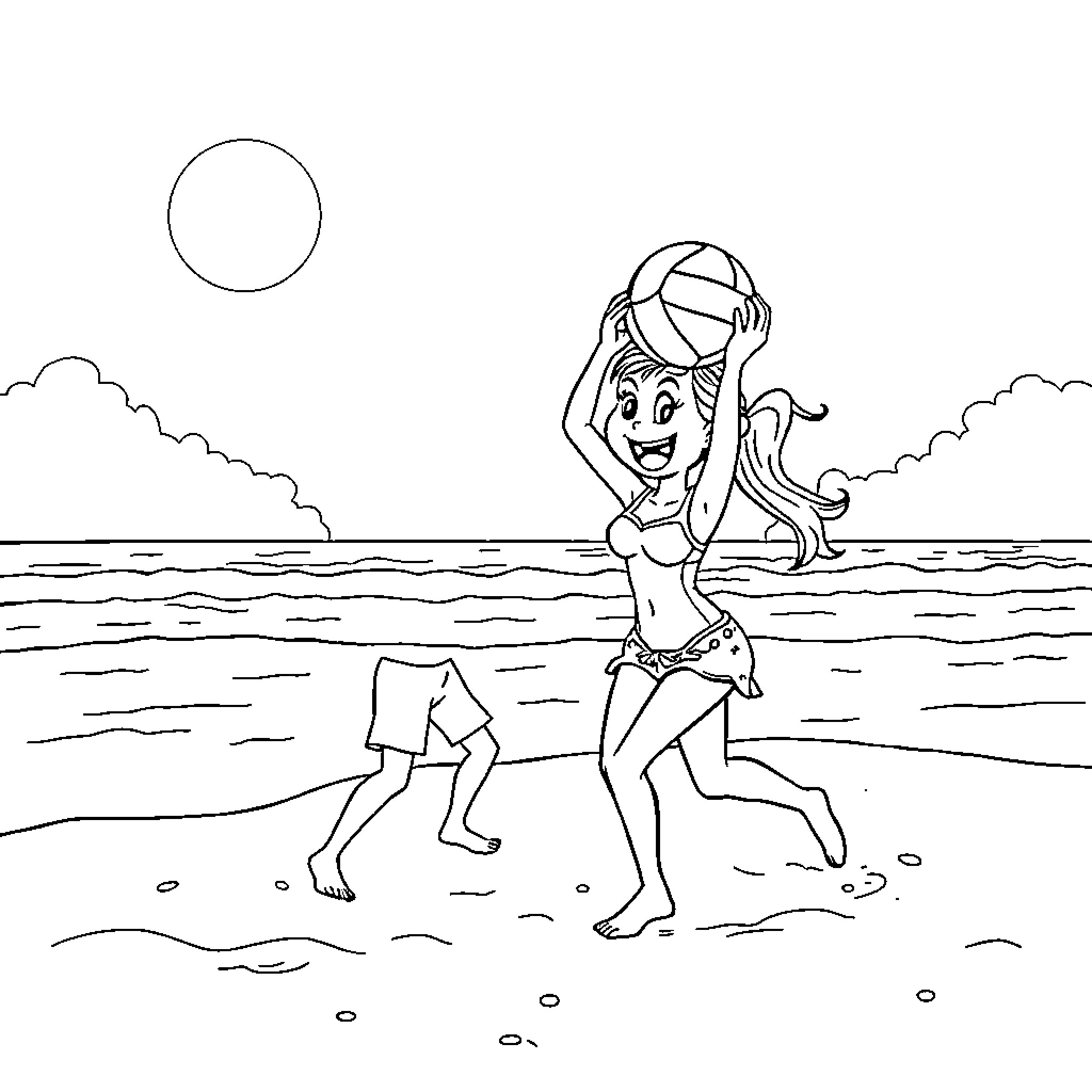 Bluey playing joyfully on the beach Coloring Page (free black-and-white line drawing printable PDF for all, from beginners to advanced learners, including children, teens, adults, and seniors)
